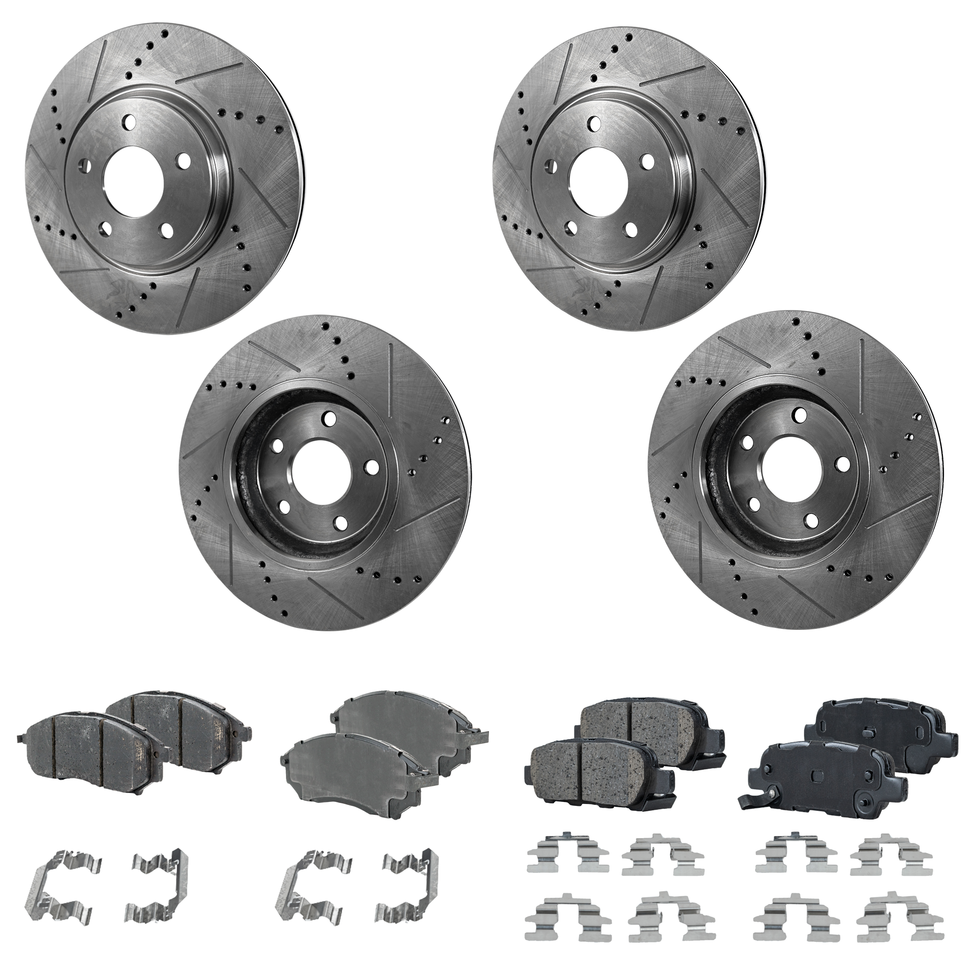 AM 350Z 06-09 FRONT AND REAR BRAKE DISC AND PAD KIT 4 Wheel Set Cross drilled and Slotted SKU KIT 090222-11 OEM 31387-31530-44624-44676-083306