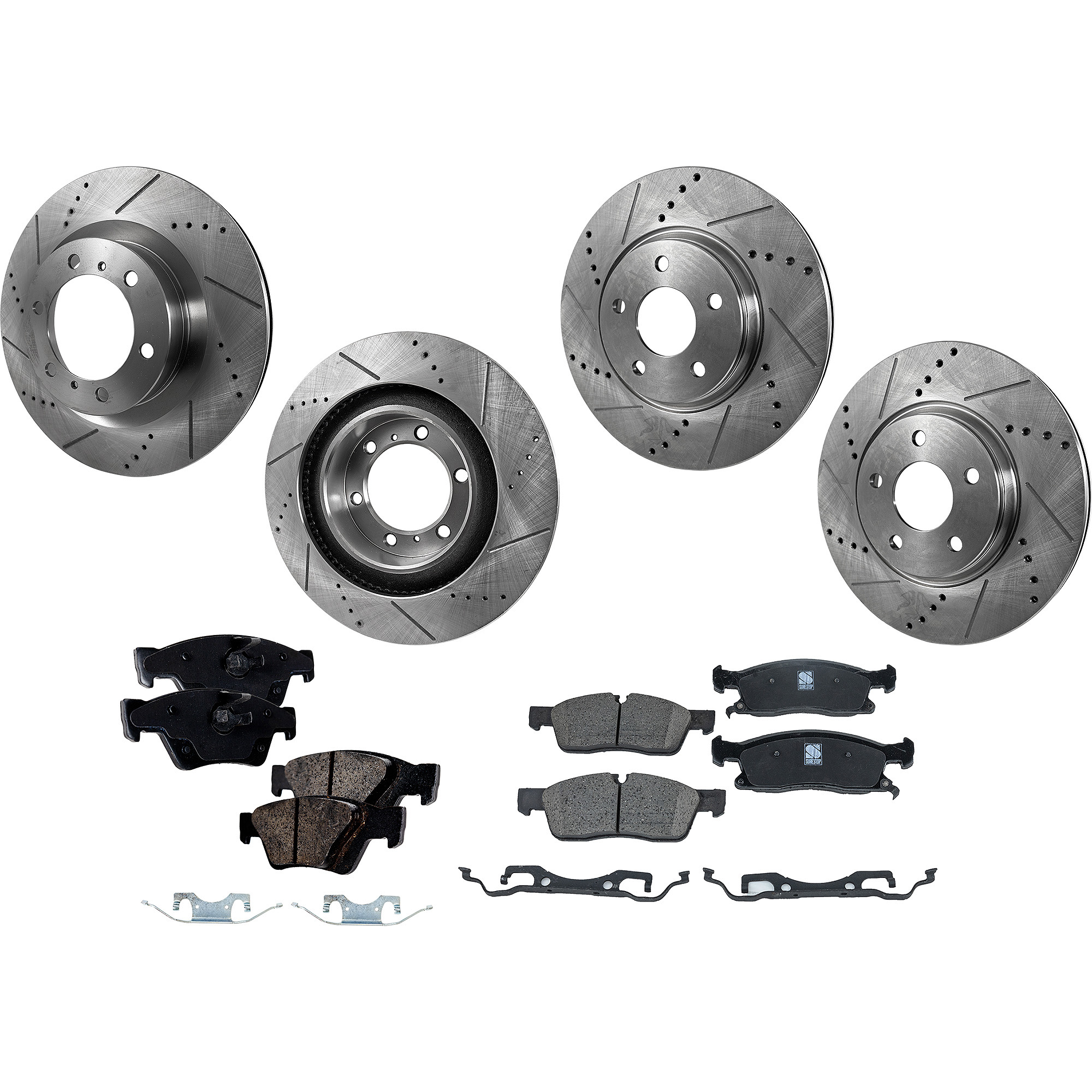 AM DURANGO 11-16 FRONT AND REAR BRAKE DISC AND PAD KIT 8 pc Kit Cross drilled and Slotted SKU KIT 090222-12 OEM 43178-53061-850237-60042004-53