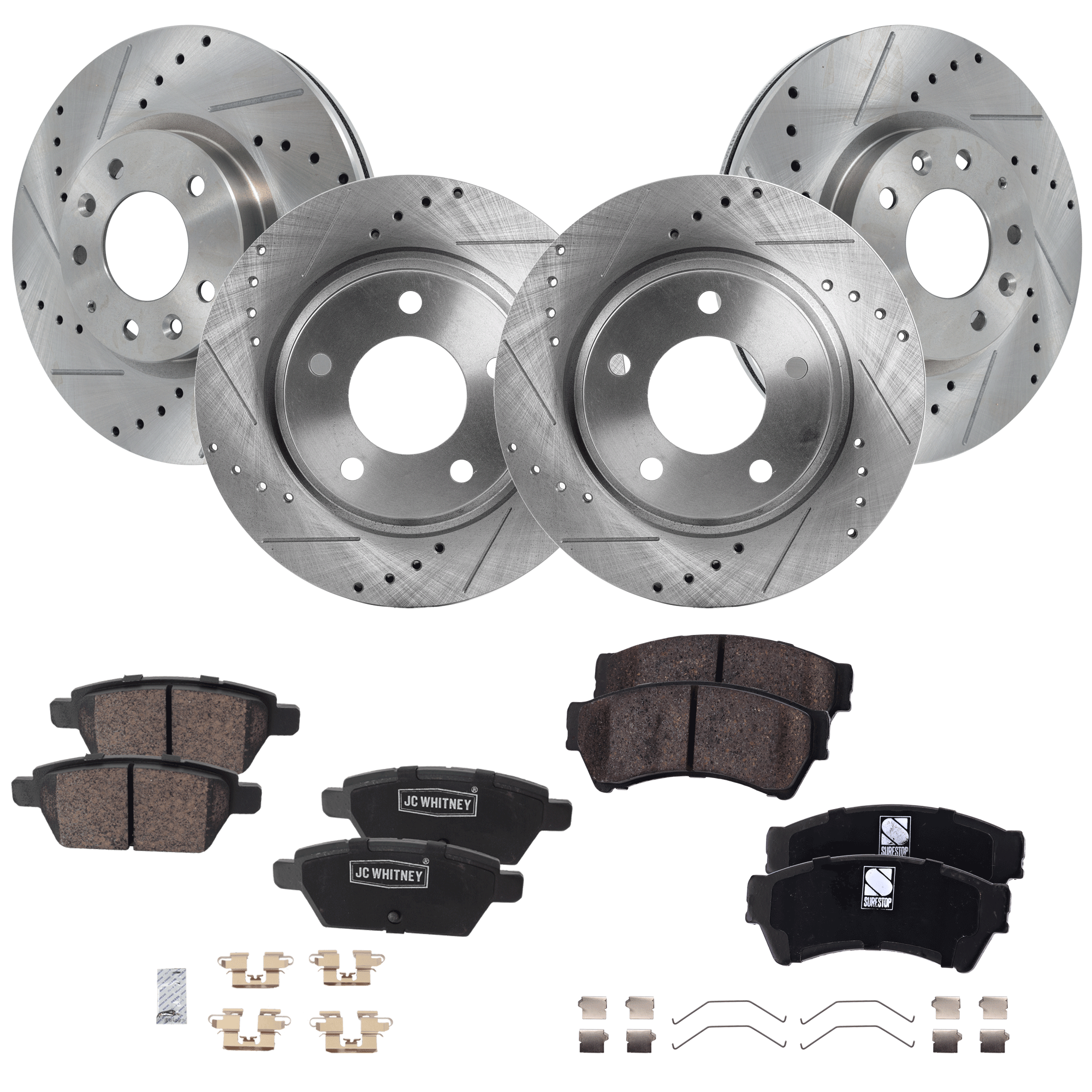 AM FUSION 06-10 MILAN 06-11 MAZDA 6-08-13 FRONT AND REAR BRAKE DISC AND PAD KIT 8 pc Kit Cross drilled and Slotted SKU KIT 090222-14 OEM 19325-31256-31325-42322-44
