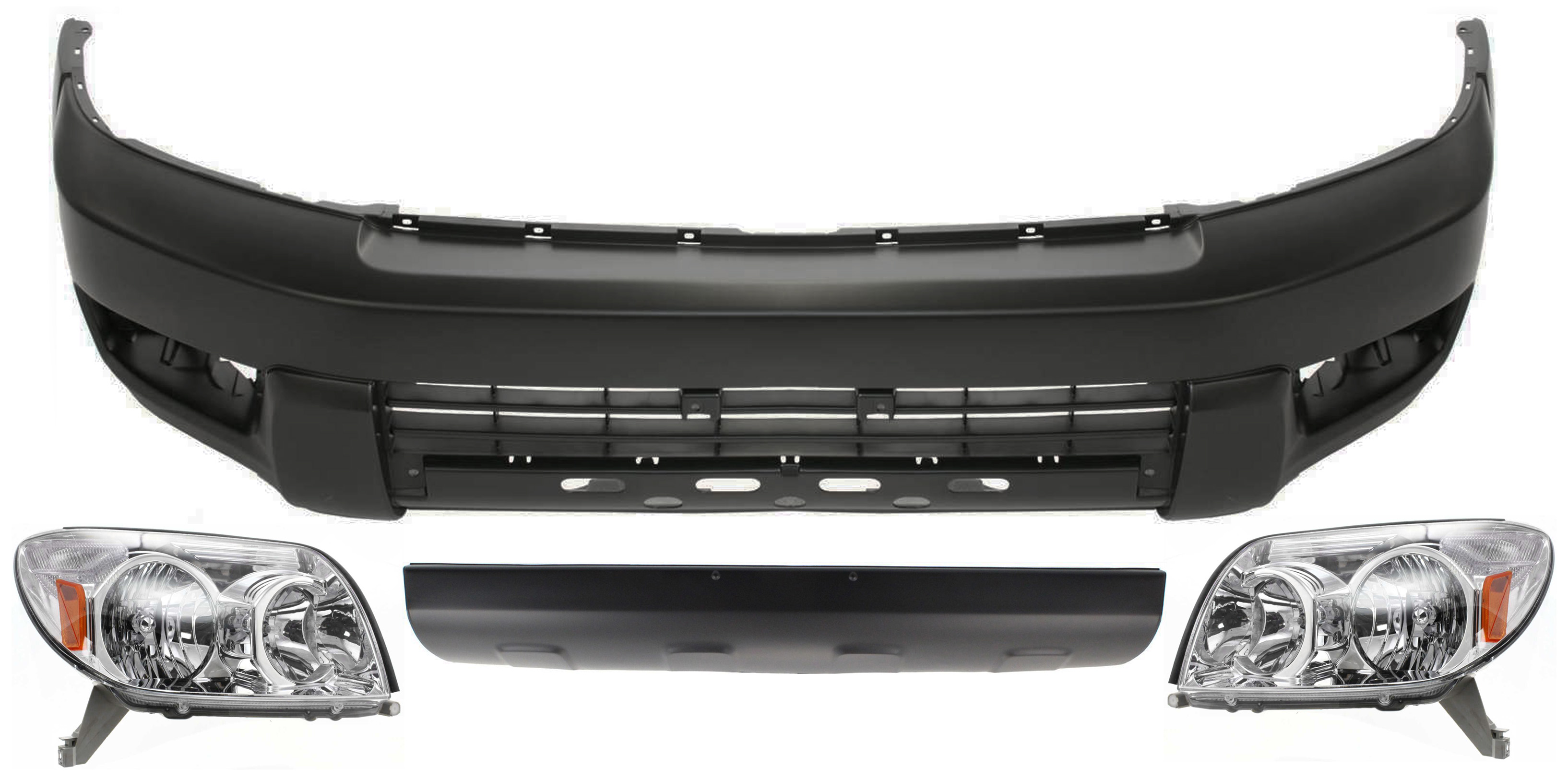 AM 4RUNNER 03-05 FRONT BUMPER COVER 4 pc Kit with Headlights and Valance SKU KIT 090417-06 Partslink TO1000260 TO2503146 TO2502146 TO1095198 TO1095193 OEM 5211935901-8117035400-81130354