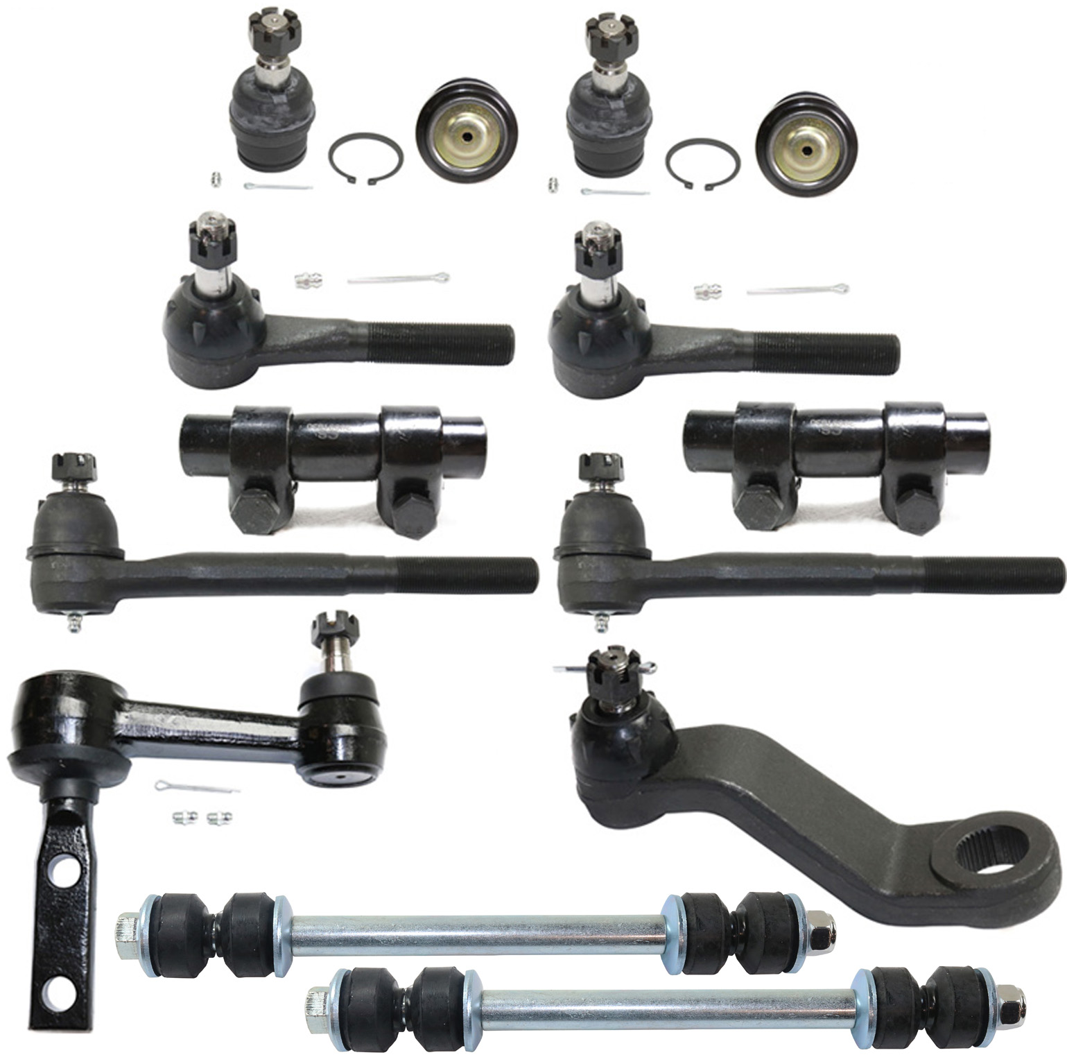 AM RAM 2500-97-99 FRONT SUSPENSION KIT RH AND LH 14 pc Kit with Ball Joints Idler Arm Pitman Arm Sway Bar Links Tie Rod Adjusting Sleeves and Tie Rod Ends SKU KIT 090517-66 OEM 2601431-5051199-52037661 B7
