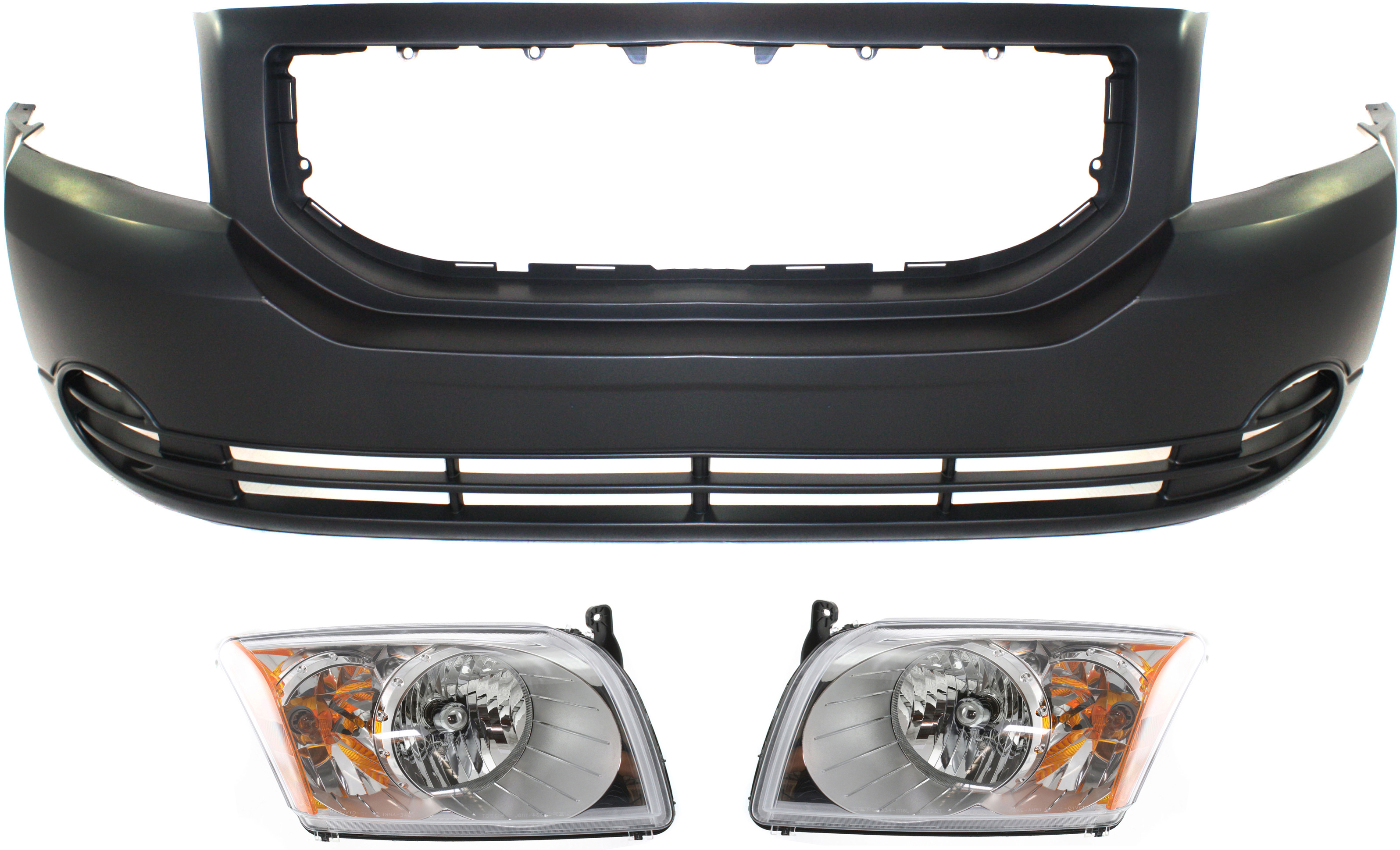 AM CALIBER 07-12 HEAD LAMP RH AND LH Assembly Halogen 3 pc Kit with Bumper Cover SKU KIT 090518-18 Partslink CH2519118 CH2518118 CH1000871 OEM 5303738AK 5303738AJ 5303739AK