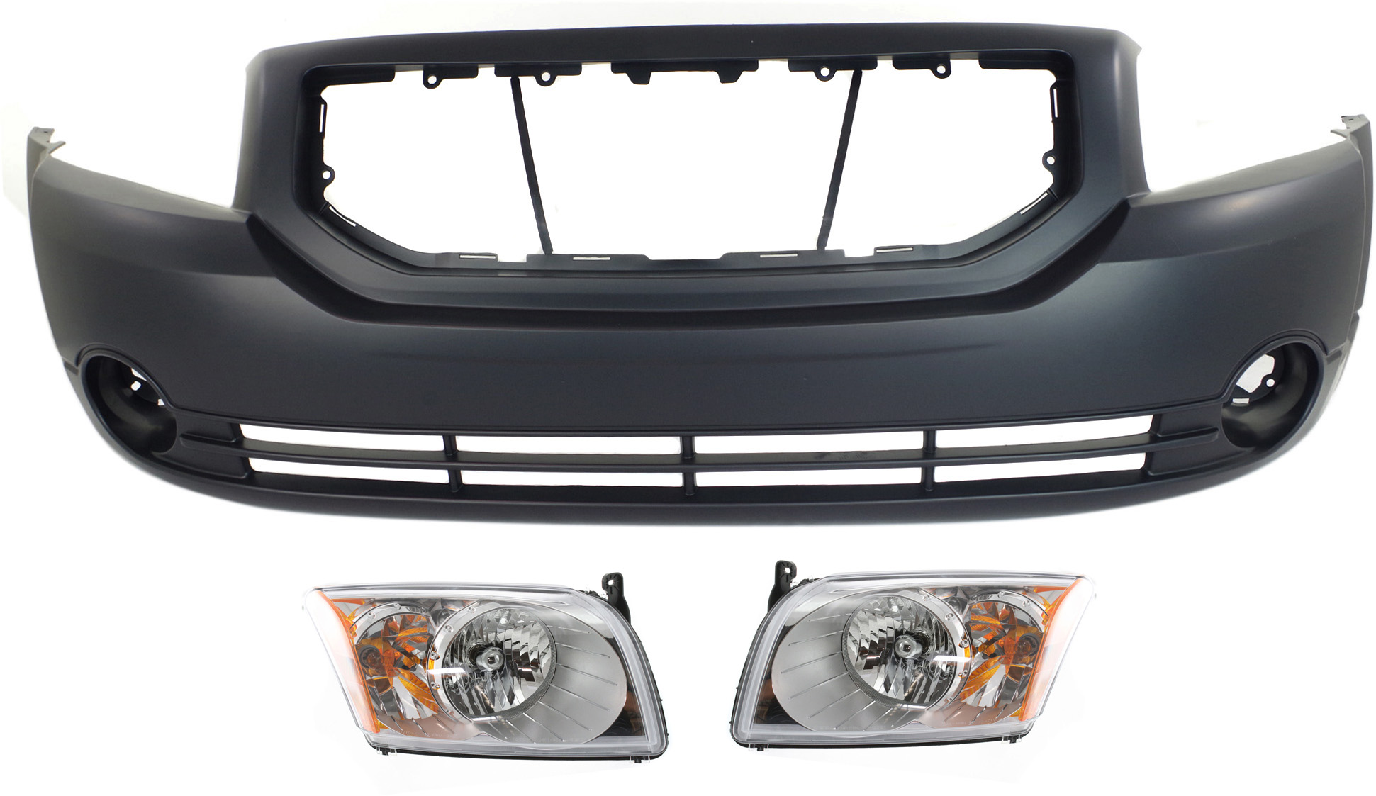 AM CALIBER 07-12 FRONT BUMPER COVER 3 pc Kit with Headlights SKU KIT 090518-19 Partslink CH1000870 CH2518118 CH2519118 OEM 5183394AE 5303739AK 5303739AJ