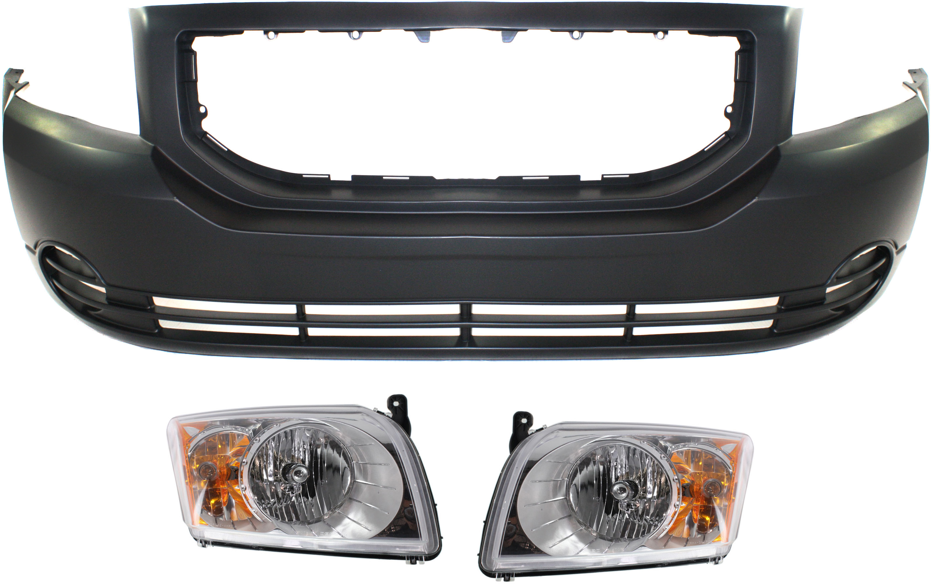 AM CALIBER 07-12 HEAD LAMP RH AND LH Assembly Halogen 3 pc Kit with Bumper Cover SKU KIT 090518-20 Partslink CH1000871C CH2518118C CH2519118C OEM 5183407AE 5303738AK 5303738AJ