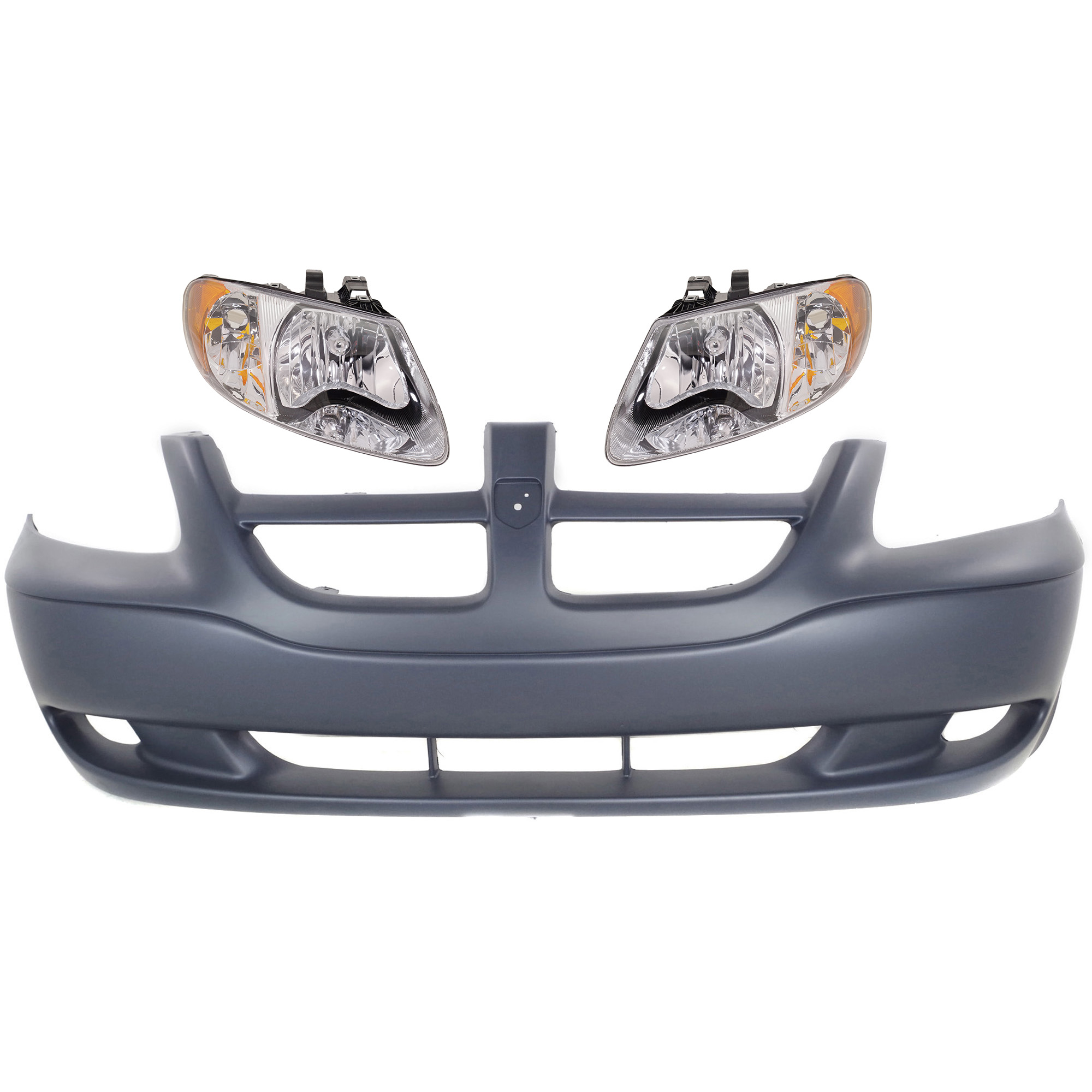 AM CARAVAN 01-04 FRONT BUMPER COVER 3 pc Kit with Headlights SKU KIT 090518-27 Partslink CH1000326 OEM 5018608AA 4857701AC PFM 485770
