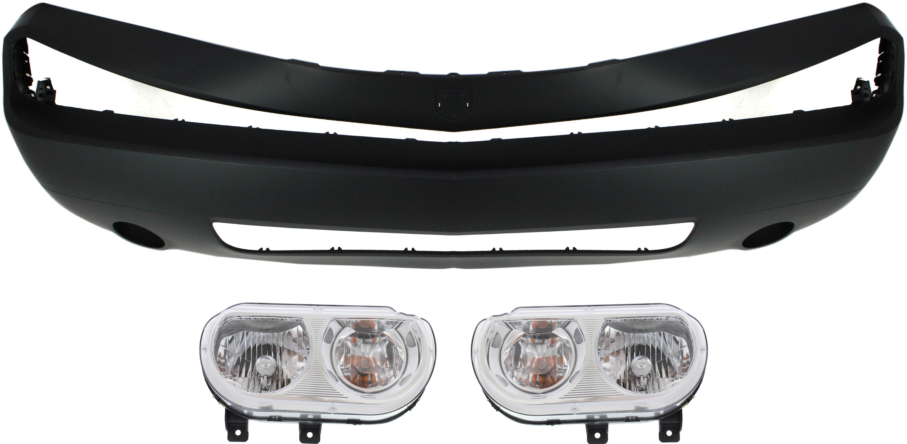 AM CHALLENGER 08-10 FRONT BUMPER COVER 3 pc Kit with Headlights SKU KIT 090518-36 Partslink CH1000969 CH2518137 CH2519137 OEM 68043387AB 5028777AA 5028776AA