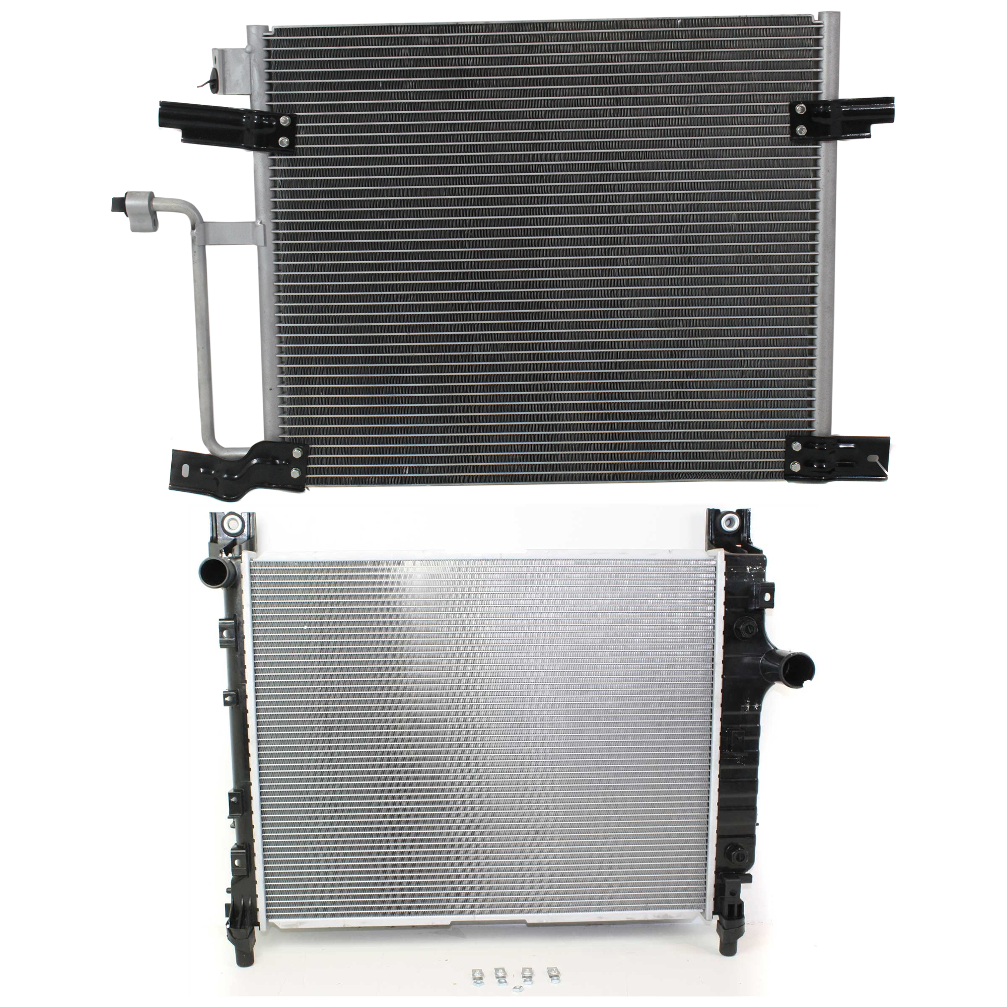 AM DAKOTA 00-04 RADIATOR 2 pc kit 4-6-8 Cyl 2.5L 3.7L 3.9L Engine w A C Condenser SKU KIT 090523-35 Partslink CH3010134 CH3030187 OEM 55056426AA 55055866AG