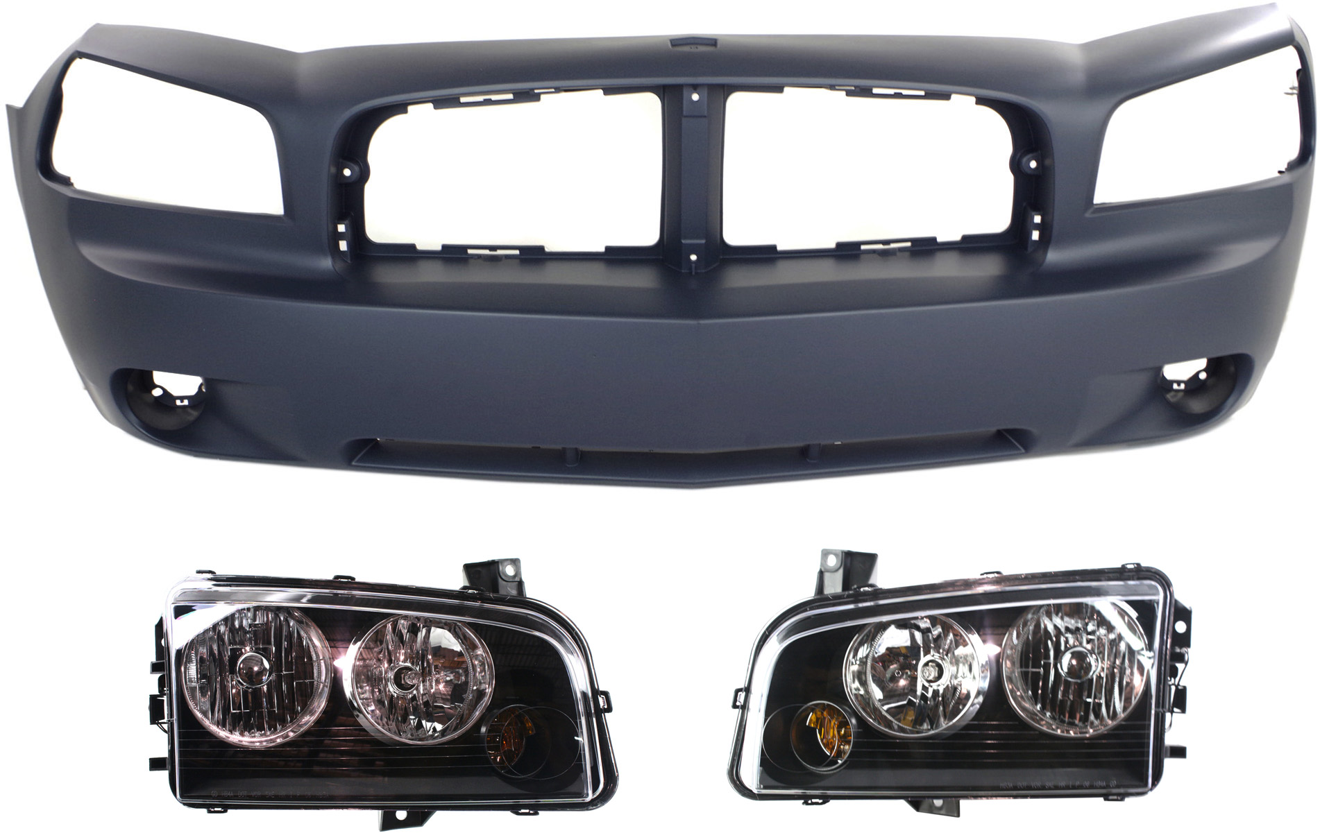 AM CHARGER 06-07 HEAD LAMP RH AND LH Assembly Halogen 3 pc Kit with Bumper Cover SKU KIT 090618-08 Partslink CH2503163 CH2502163 CH1000461 OEM 4806164AF 4806165AF 4806179AE