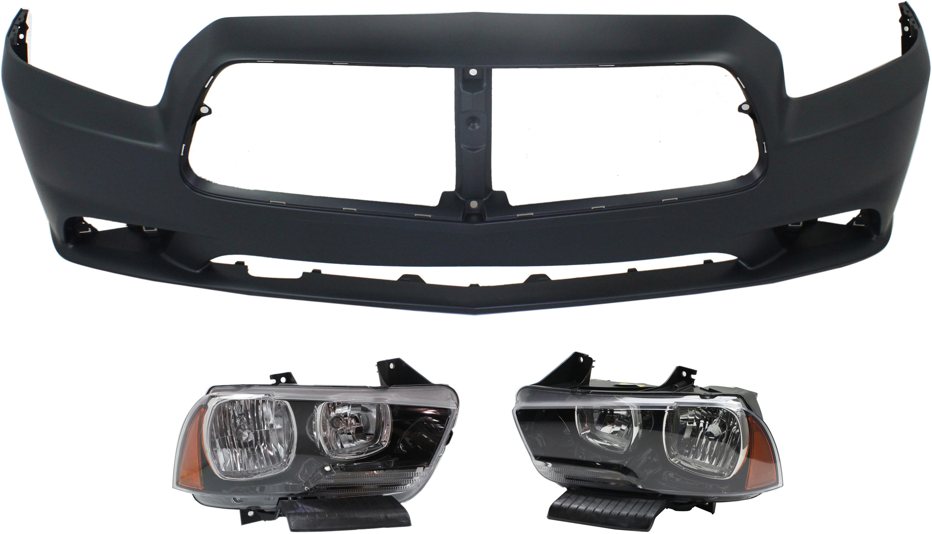 AM CHARGER 11-14 HEAD LAMP RH AND LH Assembly Halogen 3 pc Kit with Bumper Cover SKU KIT 090618-11 Partslink CH2503232 CH2502232 CH1000993 OEM 57010410AF 57010410AE 57010411