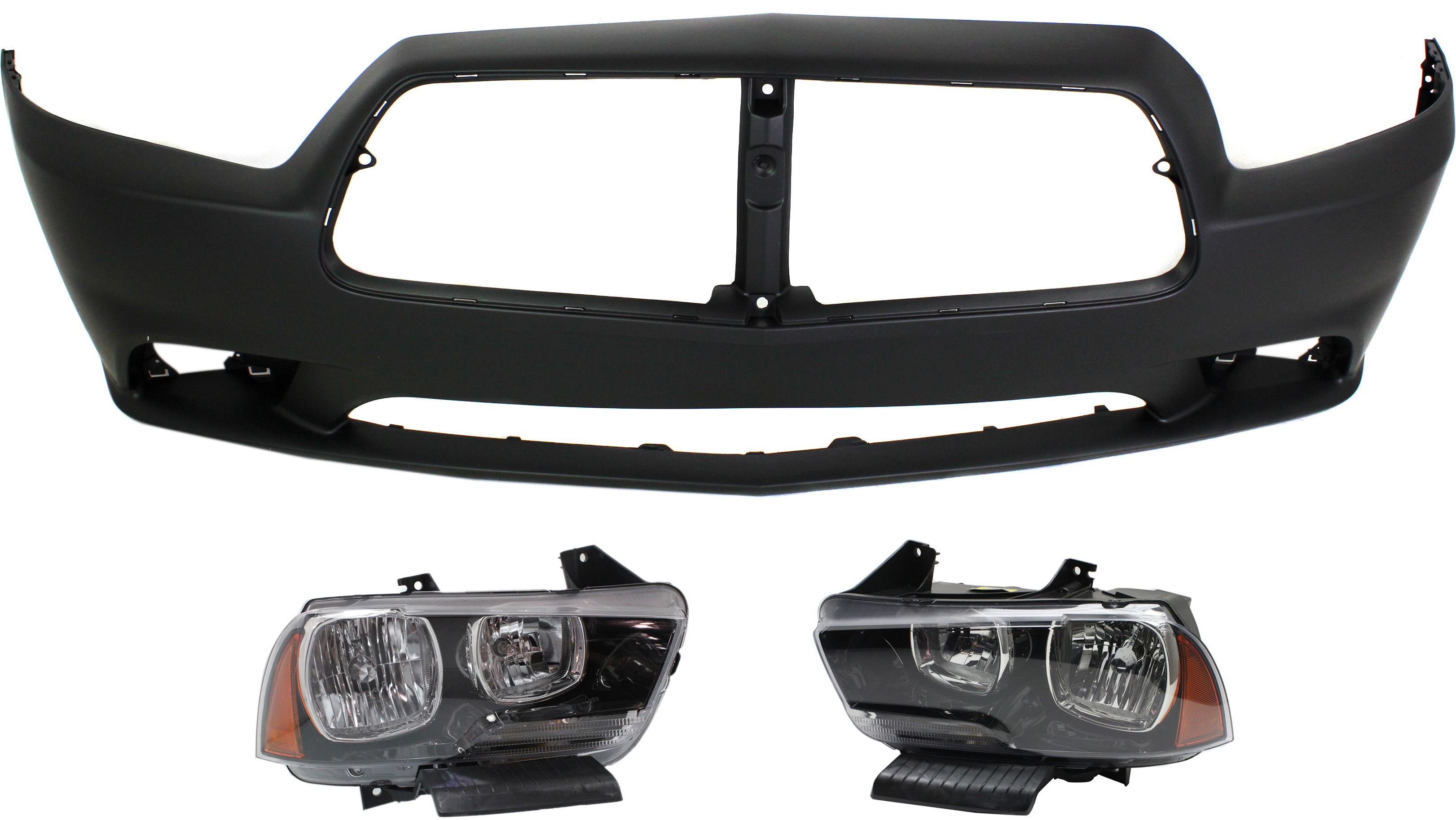 AM CHARGER 11-14 HEAD LAMP RH AND LH Assembly Halogen 3 pc Kit with Bumper Cover SKU KIT 090618-13 Partslink CH2503232 CH2502232 CH1000992 OEM 57010410AF 57010410AE 57010411
