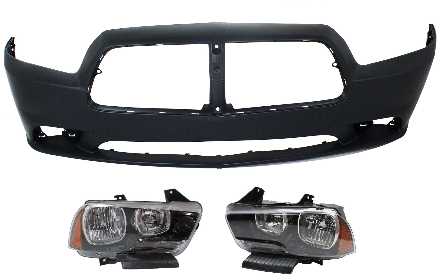 AM CHARGER 11-14 HEAD LAMP RH AND LH Assembly Halogen 3 pc Kit with Bumper Cover SKU KIT 090618-16 Partslink CH1000992C CH2502232C CH2503232C OEM 57010410AF 57010410AE 57010411