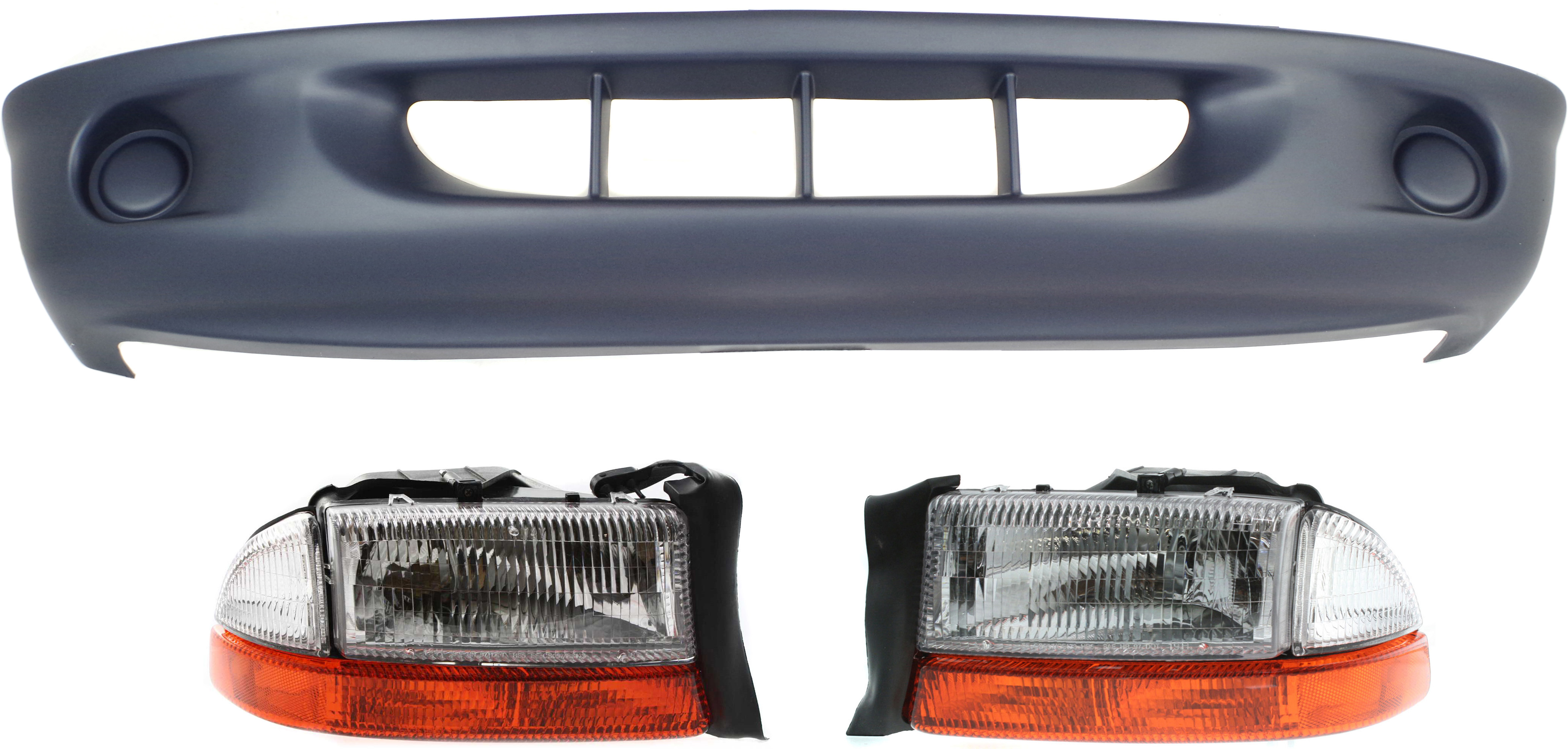 AM DAKOTA 98-00 HEAD LAMP RH AND LH Assembly Halogen 3 pc Kit w Bumper Cover SKU KIT 090618-25 Partslink CH2502122 CH2503122 CH1000289 OEM 55055110AI 55055111AI 4897588A