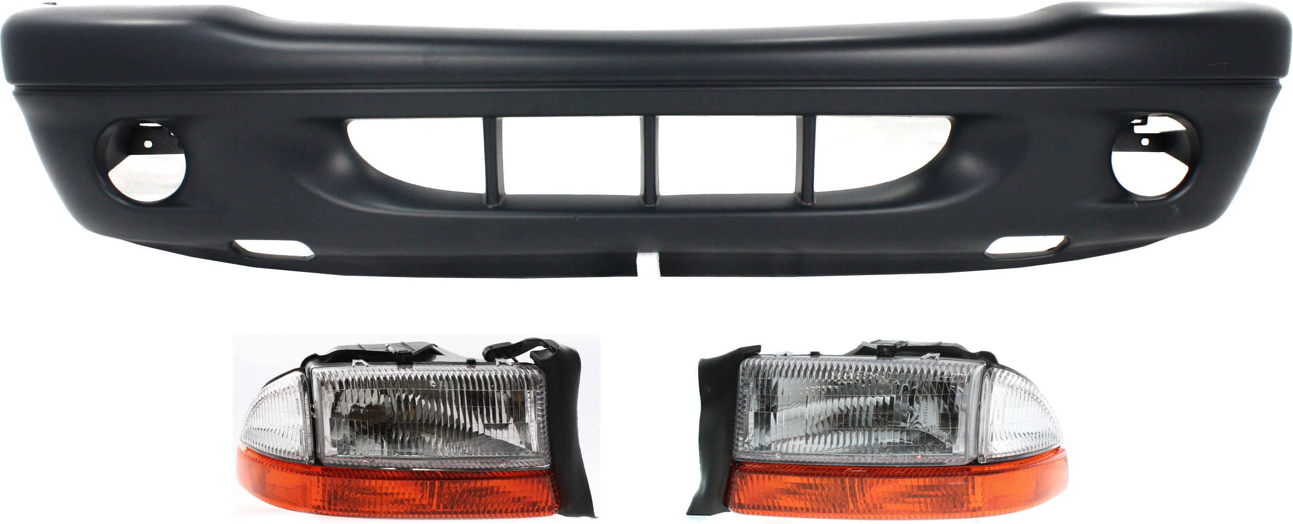 AM DAKOTA DURANGO 01-02 HEAD LAMP RH AND LH Assembly Halogen 3 pc Kit with Bumper Cover SKU KIT 090618-27 Partslink CH2503122 CH2502122 CH1000309 OEM 55055110AI 55055111AI 5083107A