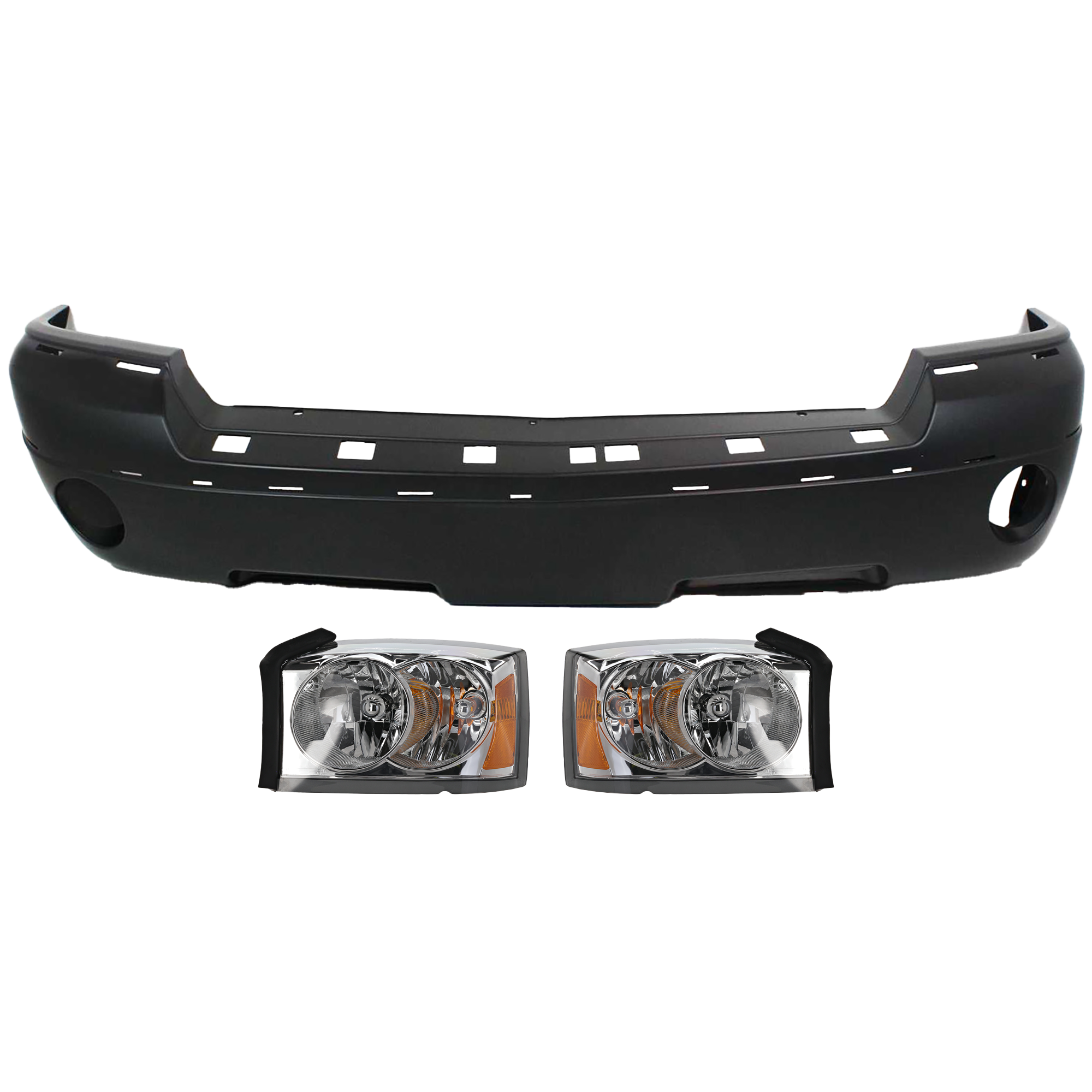AM DAKOTA 05-07 HEAD LAMP RH AND LH Assembly Halogen 3 pc Kit with Bumper Cover SKU KIT 090618-38 Partslink CH2502159 CH2503159 CH1000443 OEM 55077606AB 55077607AB 5JL34TZZ