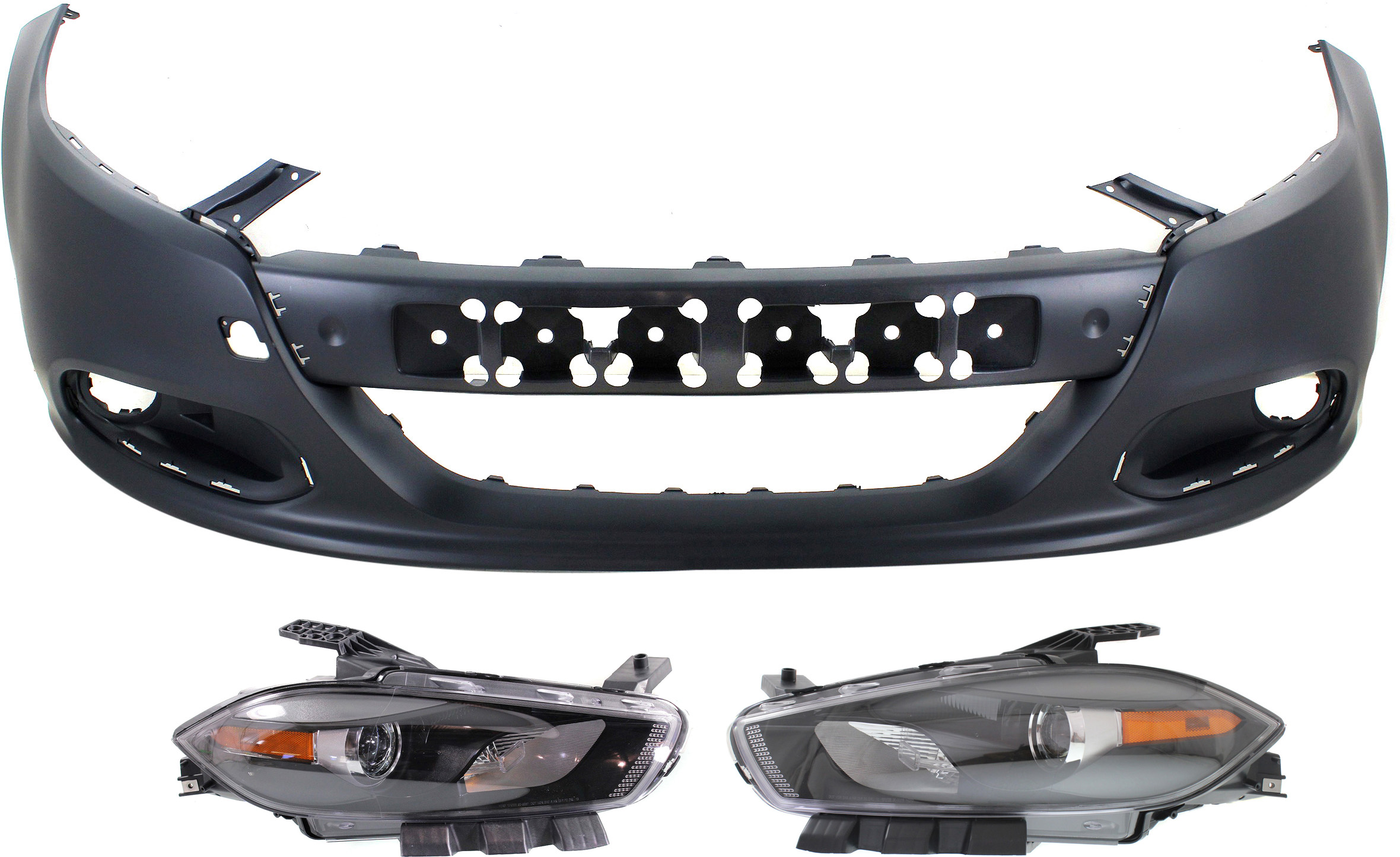 AM DART 13-16 HEAD LAMP RH AND LH Assembly Halogen 3 pc Kit with Bumper Cover SKU KIT 090618-52 Partslink CH2502240 CH2503240 CH1000A09 OEM 68085140AL 68085141AL 1TS71TZZ