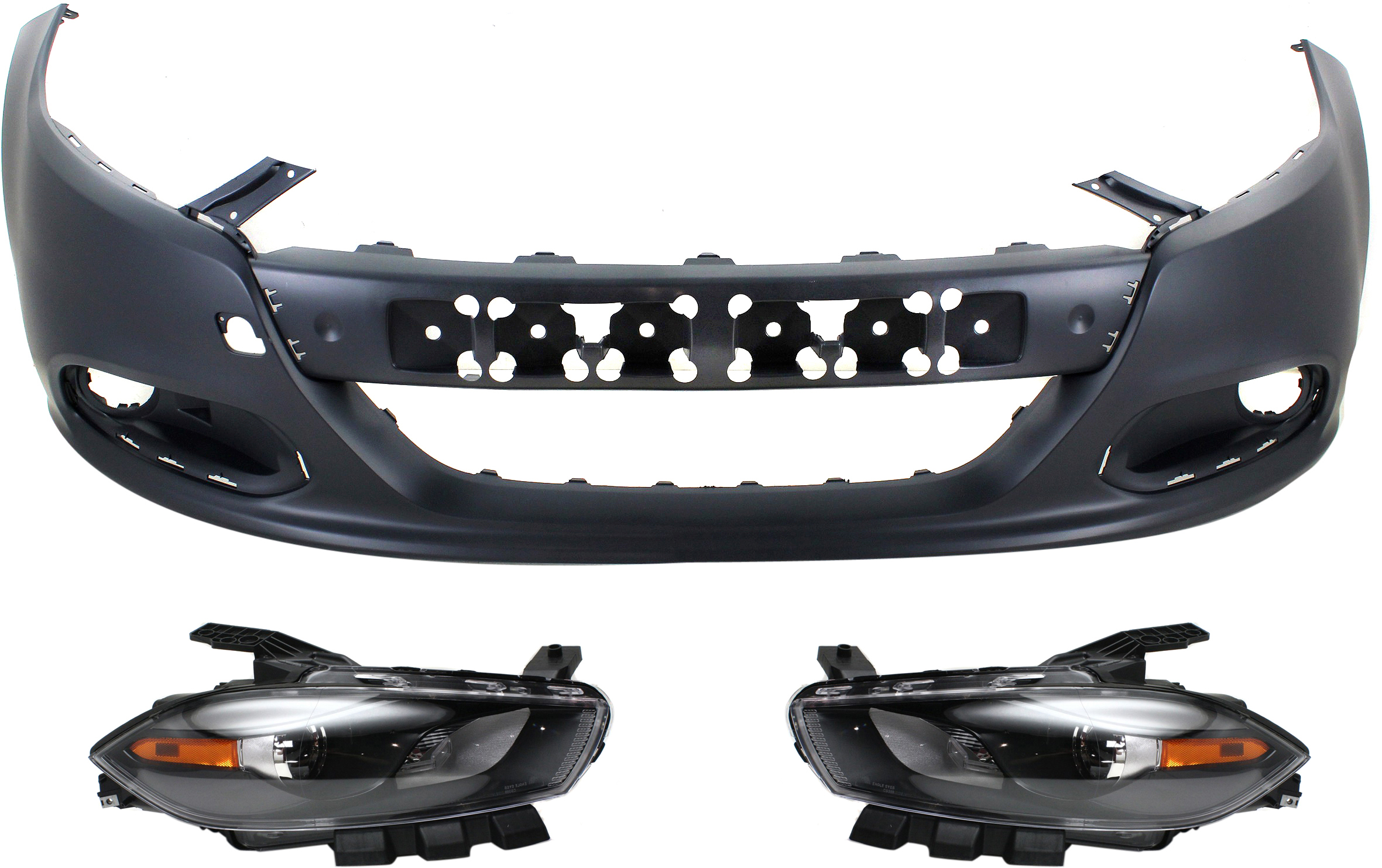 AM DART 13-16 HEAD LAMP RH AND LH Lens and Housing HID Xenon 3 pc Kit with Bumper Cover SKU KIT 090618-55 Partslink CH2518145 CH2519145 CH1000A09 OEM 68292808AB 68292809AB 1TS71TZZ