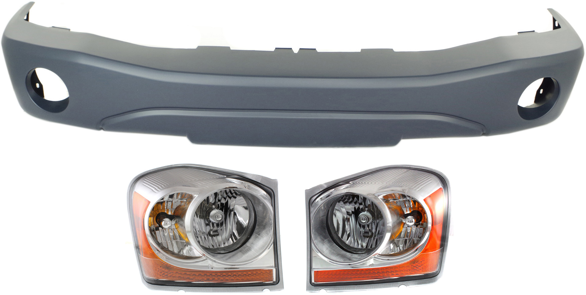 AM DURANGO 06-06 HEAD LAMP RH AND LH Assembly Halogen 3 pc Kit with Bumper Cover SKU KIT 090618-62 Partslink CH2503169 CH2502169 CH1000418 OEM 55077720AE 55077721AE 5HP18TZZ