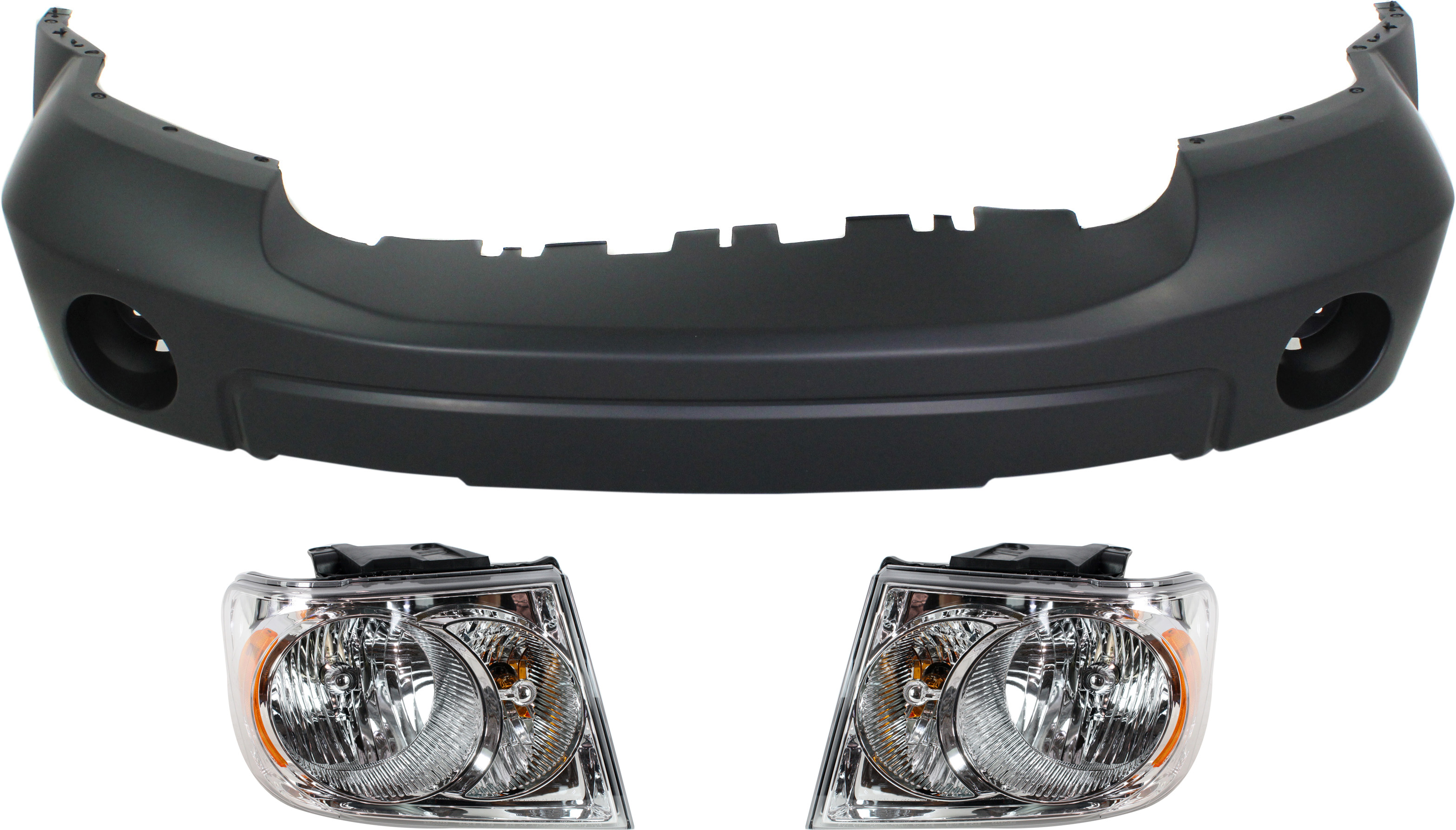AM DURANGO 07-09 FRONT BUMPER COVER 3 pc Kit with Headlights SKU KIT 090618-63 Partslink CH1000910 CH2518121 CH2519121 OEM 68002920AC 55078017AI 55078018