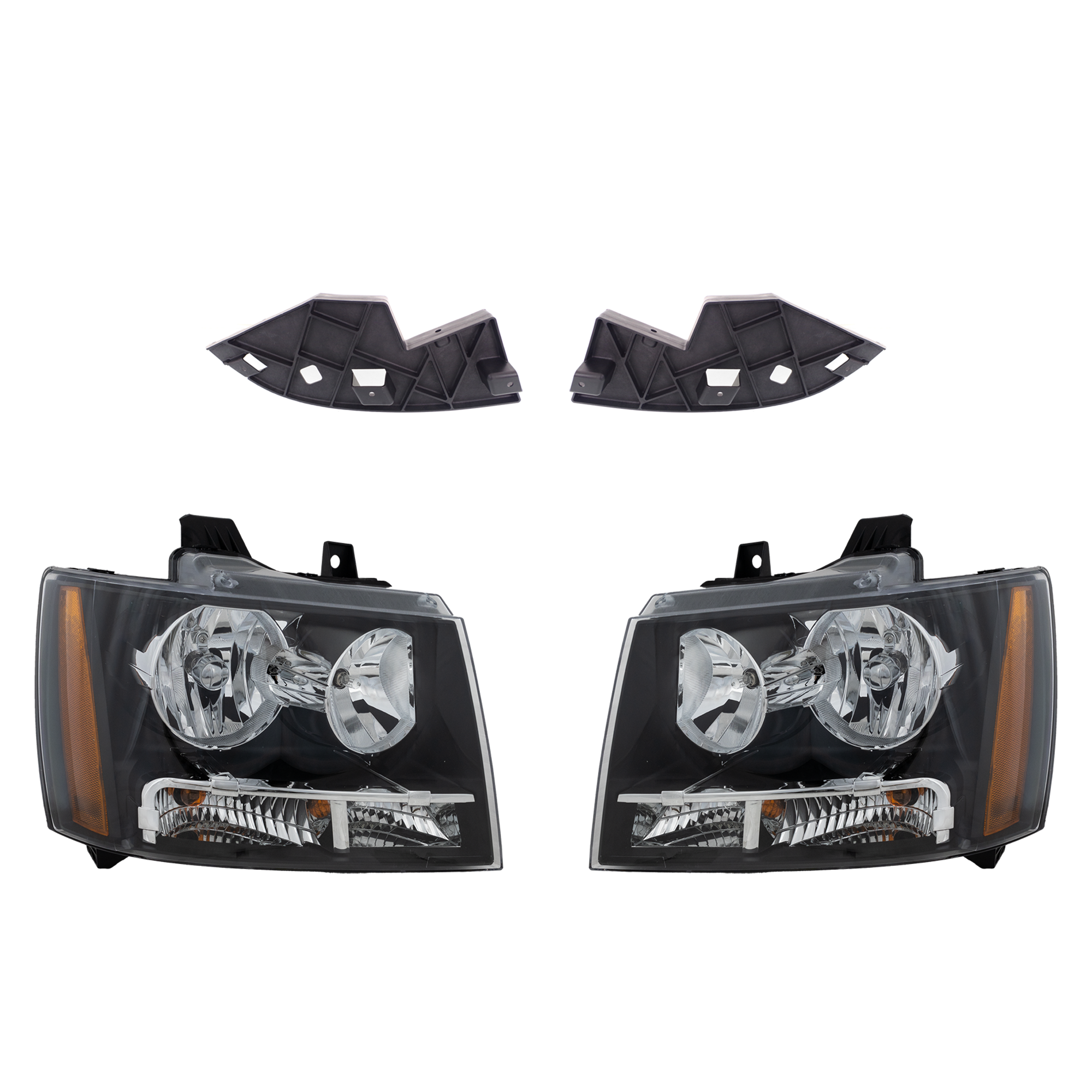 AM SUBURBAN 1500 TAHOE 07-14 HEAD LAMP RH AND LH Assembly Halogen 4 pc Kit with Bumper Trim SKU KIT 090623-04 Partslink GM2502263 GM2503263 GM1089171 GM1088171 OEM 22853025-22853026-21996231-219