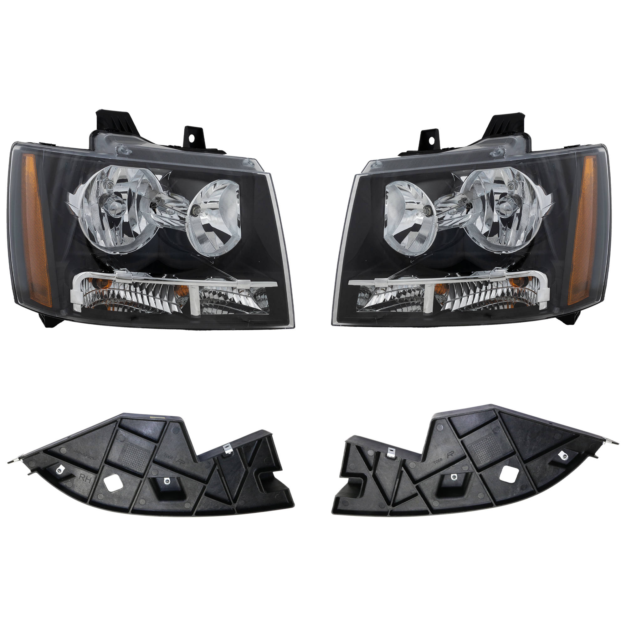 AM SUBURBAN 1500 TAHOE 07-14 HEAD LAMP RH AND LH Assembly Halogen 4 pc Kit with Bumper Trim CAPA SKU KIT 090623-06 Partslink GM1088171C GM1089171C GM2502263C GM2503263C OEM 21996230-21996231-22853025-228