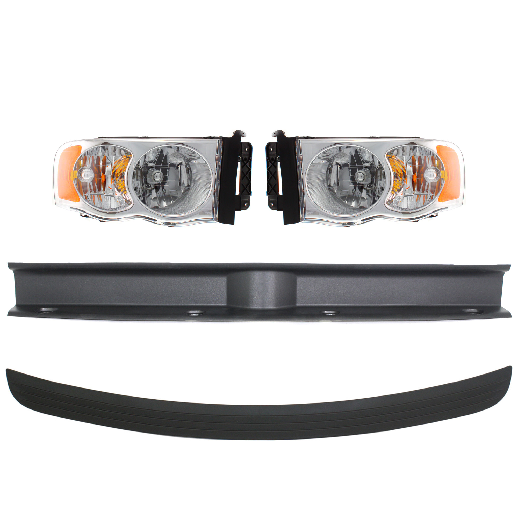 AM RAM 1500-02-05-2500-3500-03-05 HEAD LAMP RH AND LH Assembly Halogen w bulb and wiring harness for side marker light 5 pc Kit with Bumper Trim SKU KIT 090623-08 Partslink CH1087122 CH1028101 CH1019102 OEM 55077120AF PFM 55077120AG PFM