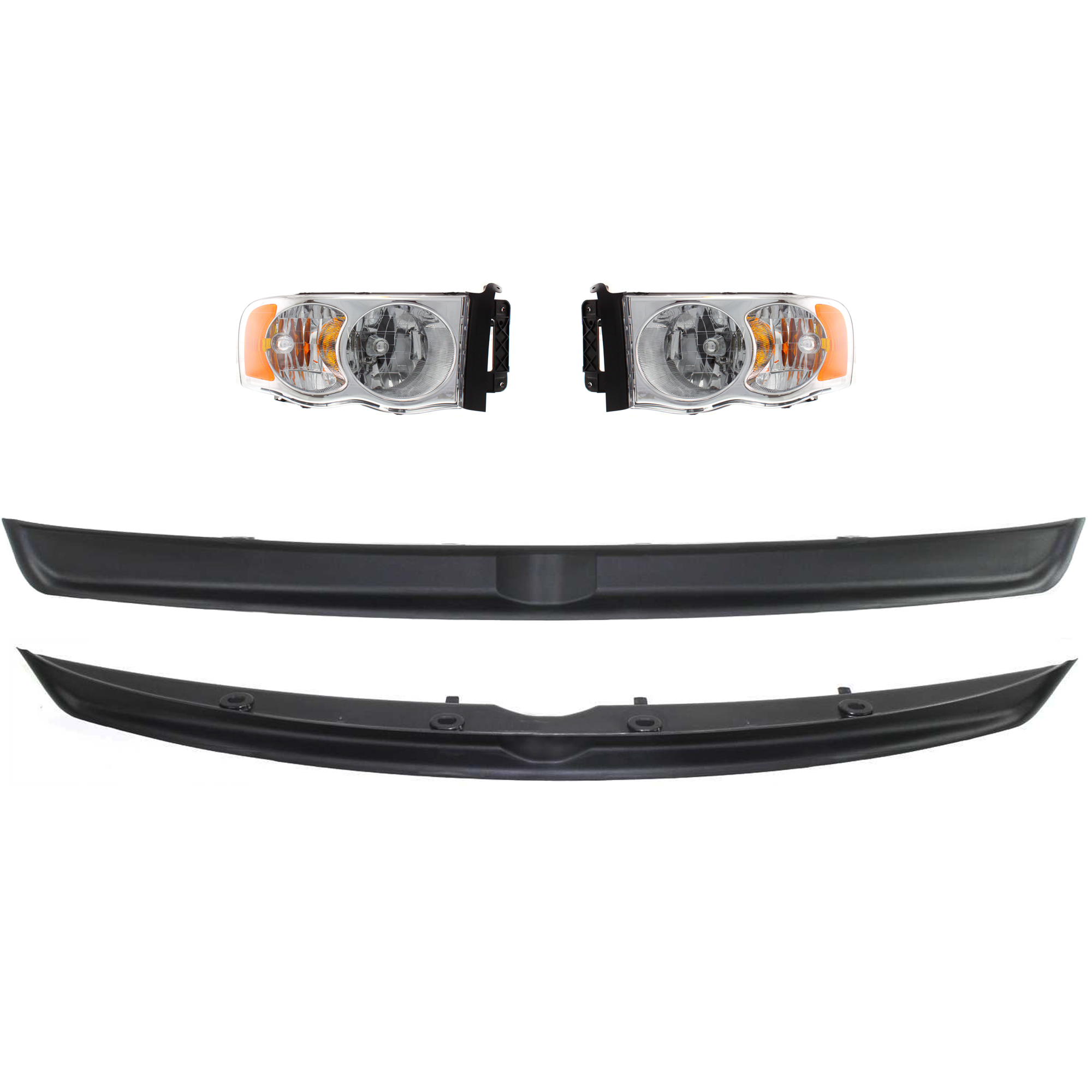 AM RAM FULL SIZE PICKUP 03-05 HEAD LAMP RH AND LH Assembly Halogen w bulb and wiring harness for side marker light 5 pc Kit with Bumper Trim SKU KIT 090623-10 Partslink CH1087122 CH1028101 CH1091101 OEM 55077120AF PFM 55077120AG PFM