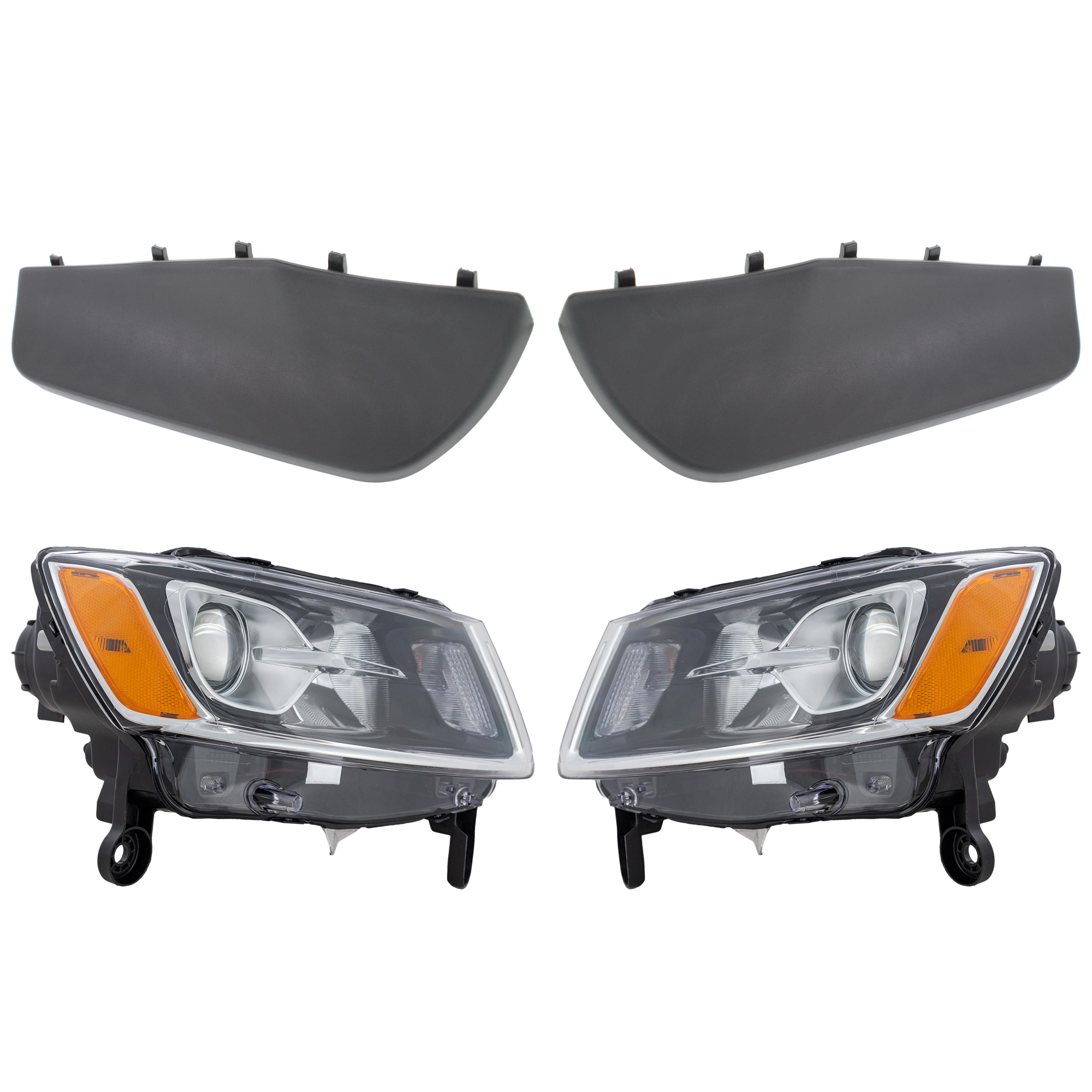 AM GRAND CHEROKEE 14-16 HEAD LAMP RH AND LH Assembly Halogen 4 pc Kit with Bumper Trim SKU KIT 090623-13 Partslink CH2502247 CH2503247 CH1089100 CH1089101 CH1088100 OEM 68110996AF 68110997AF 68078296