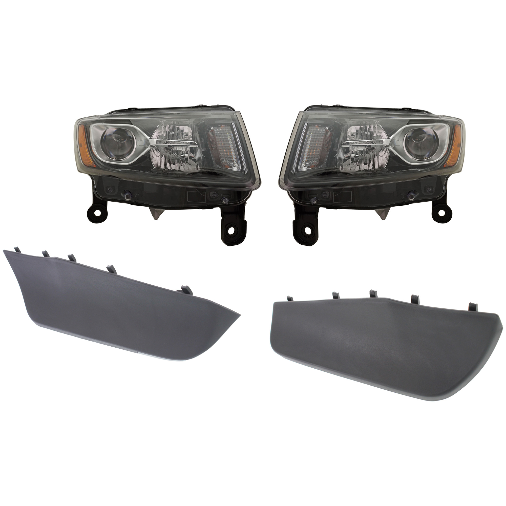 AM GRAND CHEROKEE 14-16 HEAD LAMP RH AND LH Assembly Halogen 4 pc Kit with Bumper Trim SKU KIT 090623-14 Partslink CH2502308 CH2503308 CH1089100 CH1089101 CH1088100 OEM 68236108AE 68236109AE 68078296