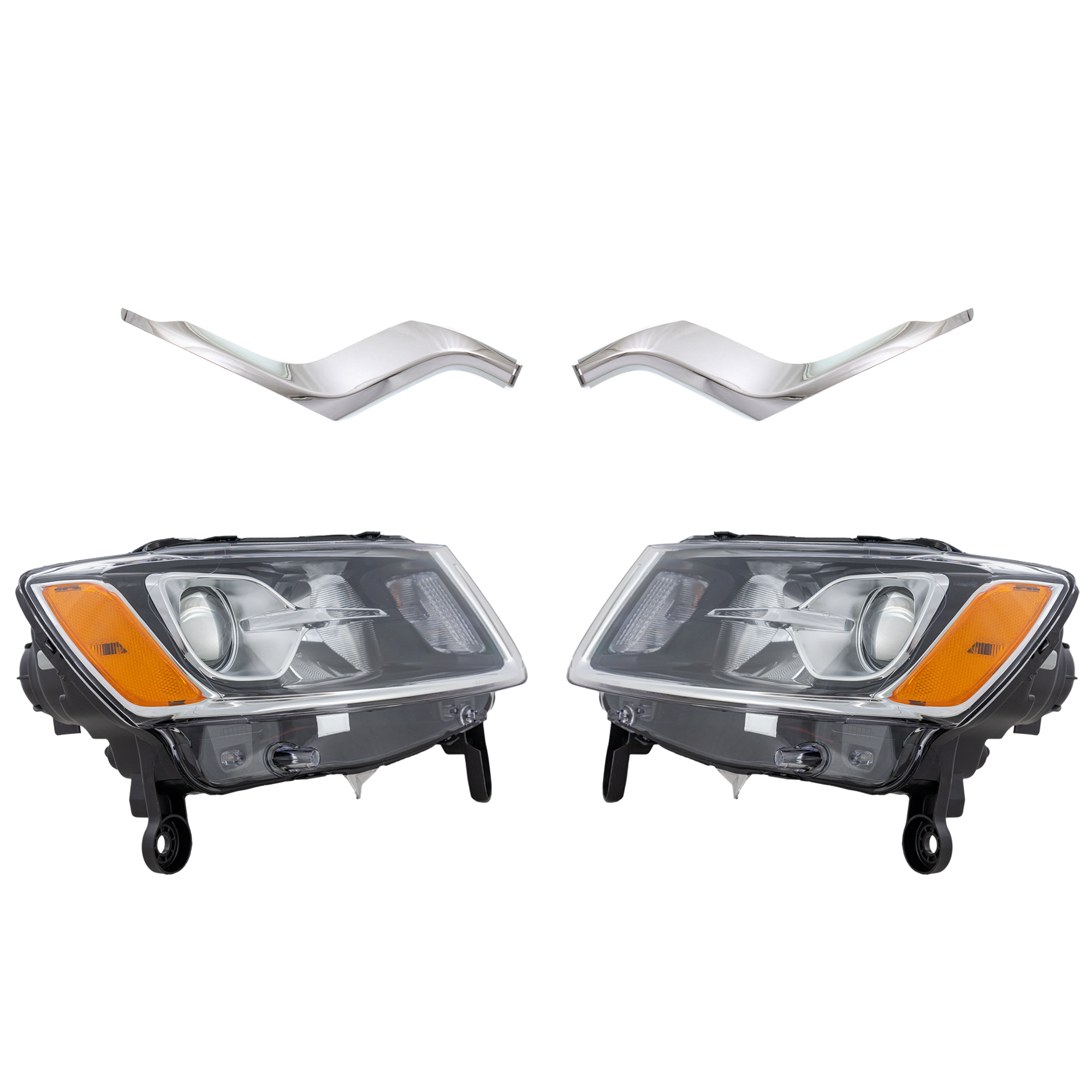 AM GRAND CHEROKEE 14-16 HEAD LAMP RH AND LH Assembly Halogen 4 pc Kit with Bumper Trim SKU KIT 090623-16 Partslink CH2502247 CH2503247 CH1047104 CH1046104 OEM 68110996AF 68110997AF 68170062