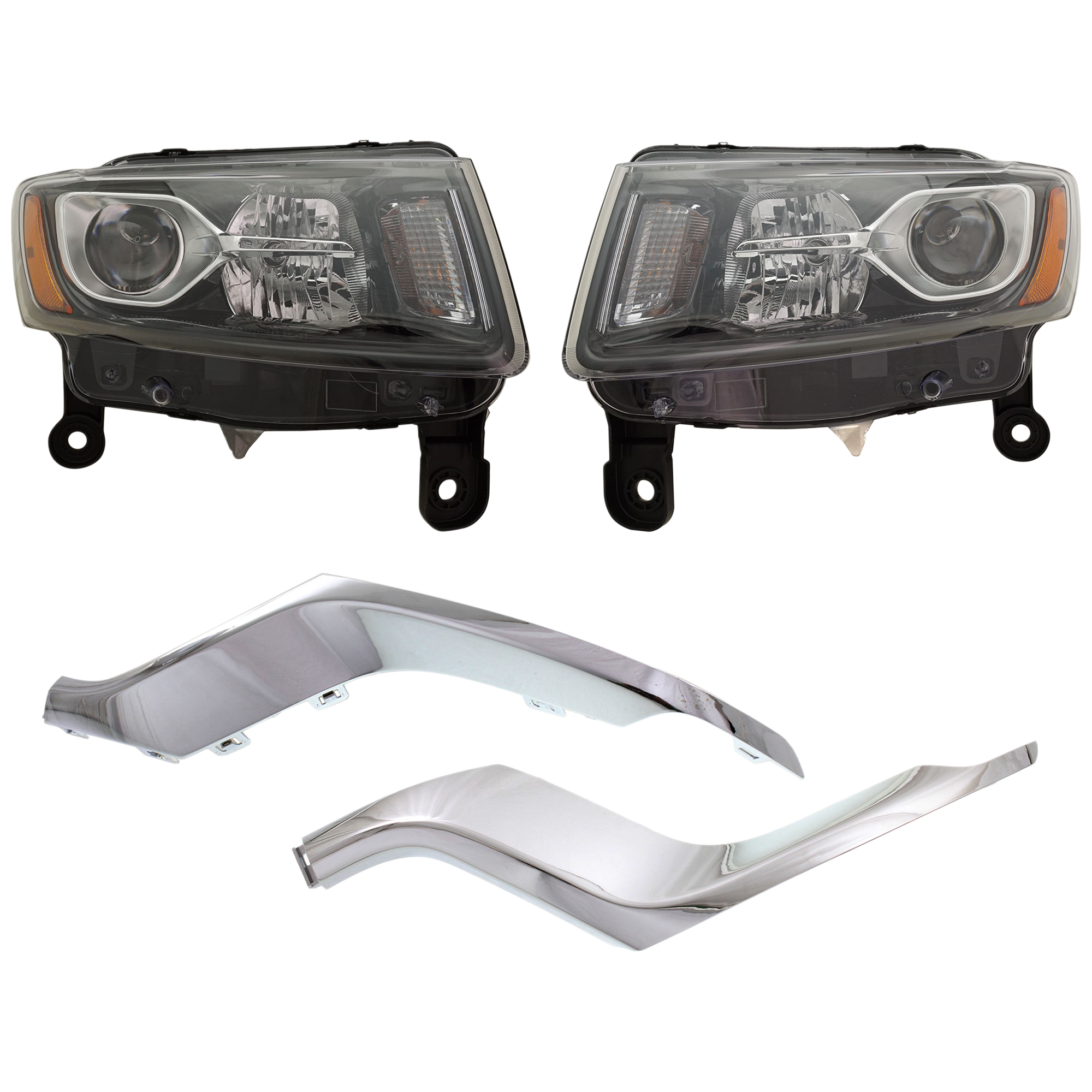 AM GRAND CHEROKEE 14-16 HEAD LAMP RH AND LH Assembly Halogen 4 pc Kit with Bumper Trim SKU KIT 090623-17 Partslink CH2502308 CH2503308 CH1047104 CH1046104 OEM 68236108AE 68236109AE 68170062