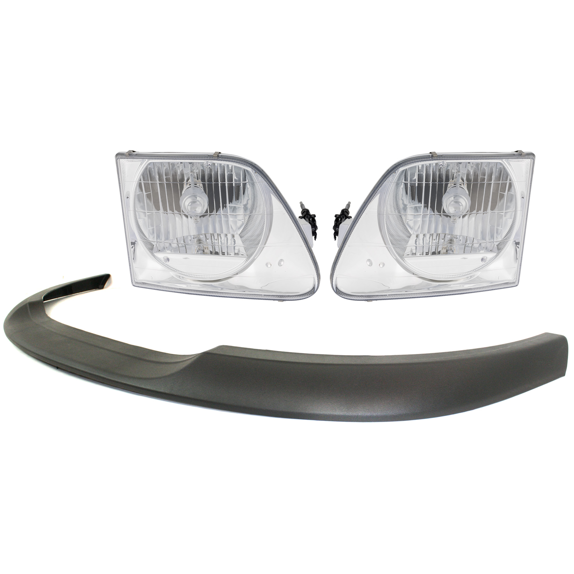 AM F 150-99-03 F 150 HERITAGE 04-04 HEAD LAMP RH AND LH Assembly Halogen Crystal Clear Lens 4 pc Kit with Bumper Trim SKU KIT 090623-26 Partslink FO2502182 FO2503182 FO1057288 OEM 3L3Z13008EA 3L3Z13008FA XL3Z17
