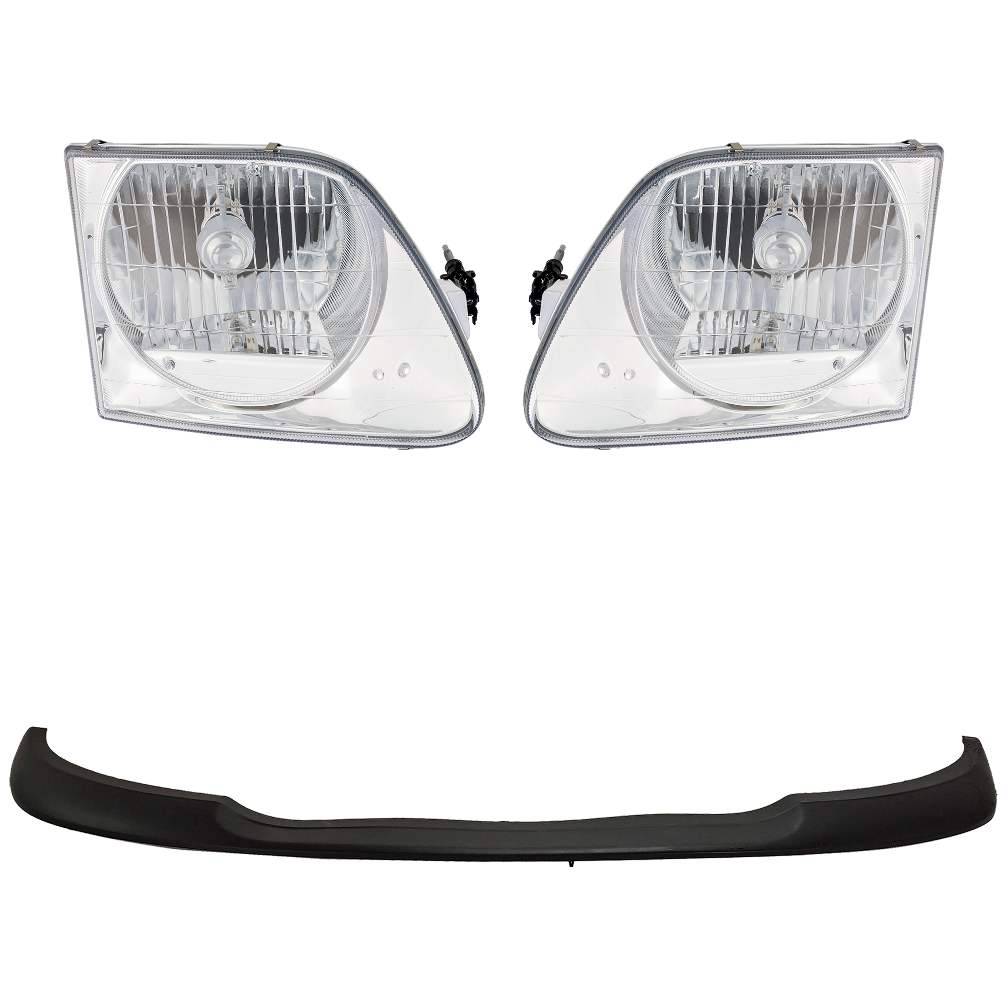 AM F 150-99-03 F 150 HERITAGE 04-04 HEAD LAMP RH AND LH Assembly Halogen Crystal Clear Lens 4 pc Kit with Bumper Trim SKU KIT 090623-29 Partslink FO2502182 FO2503182 FO1057282 OEM 3L3Z13008EA 3L3Z13008FA 3L3Z17