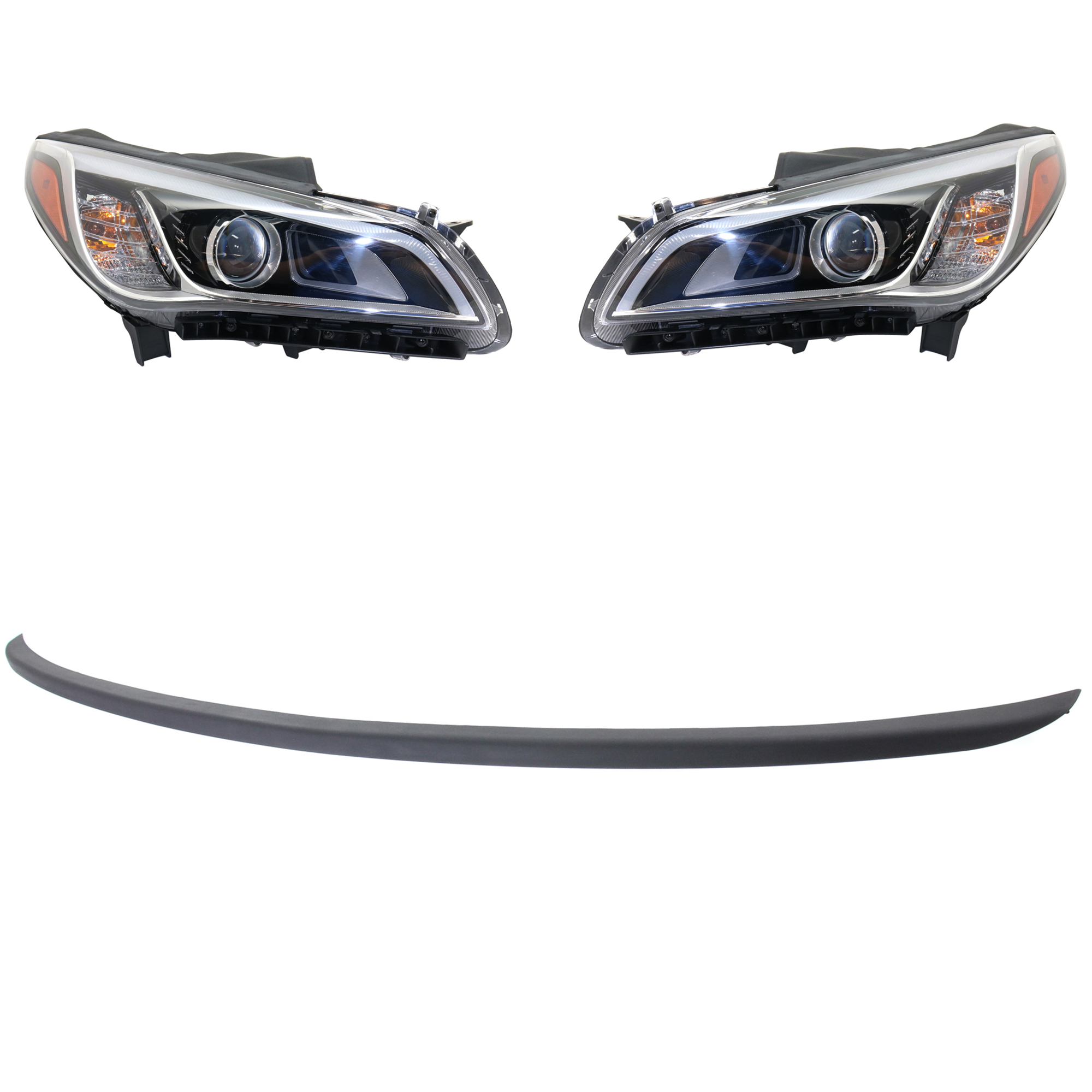 AM SONATA 15-17 HEAD LAMP RH AND LH Assembly HID Xenon w HID bulb and ballast 3 pc Kit with Bumper Trim SKU KIT 090623-34 Partslink HY2502184 HY2502214 HY2503184 HY2503214 HY1093104 OEM 92101C2100-92101C2200-92102C21