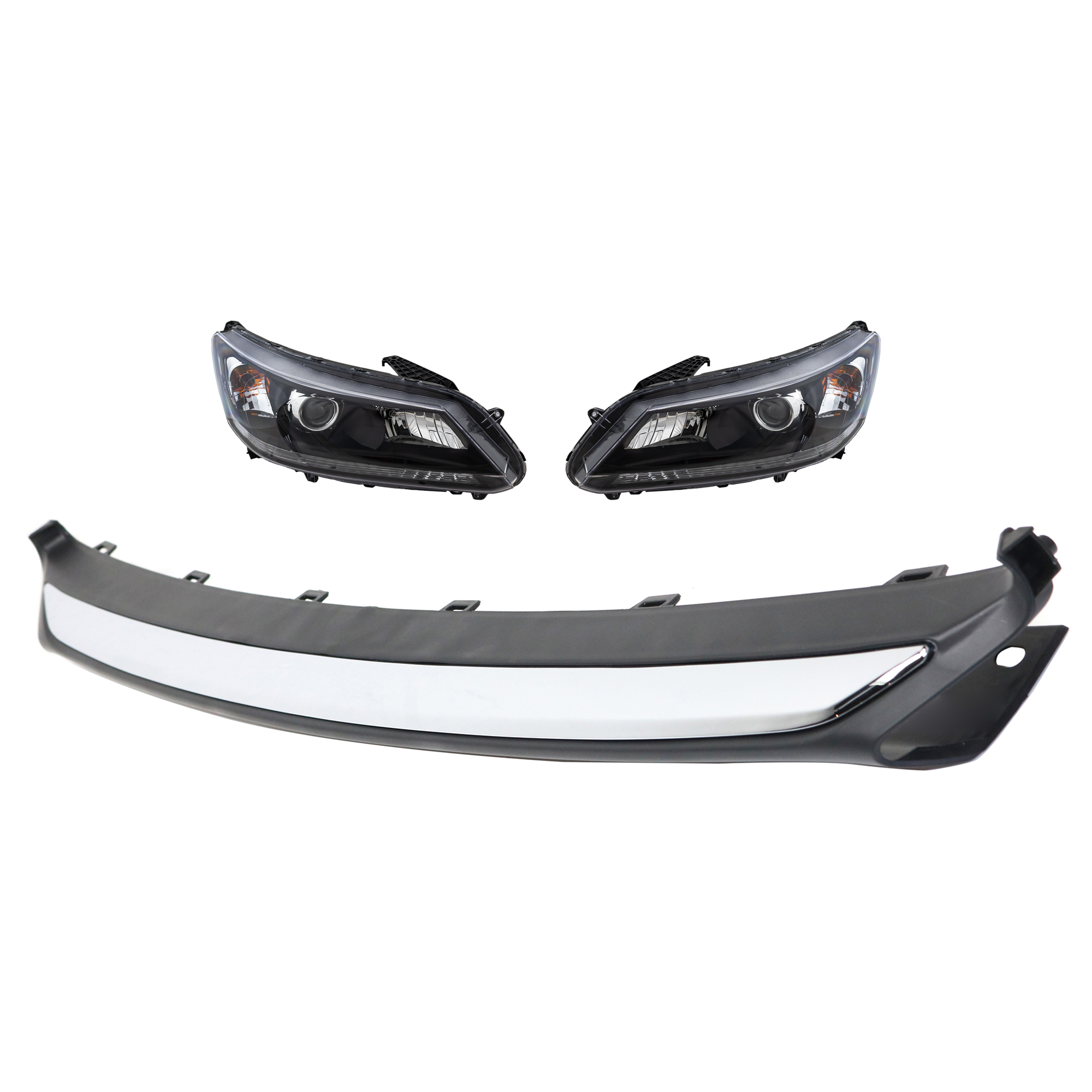 AM ACCORD 13-15 HEAD LAMP RH AND LH Assembly Halogen 3 pc Kit with Bumper Trim SKU KIT 090623-37 Partslink HO2502151 HO2503151 HO1095119 OEM 33100T2AA01-33150T2AA01-71150T