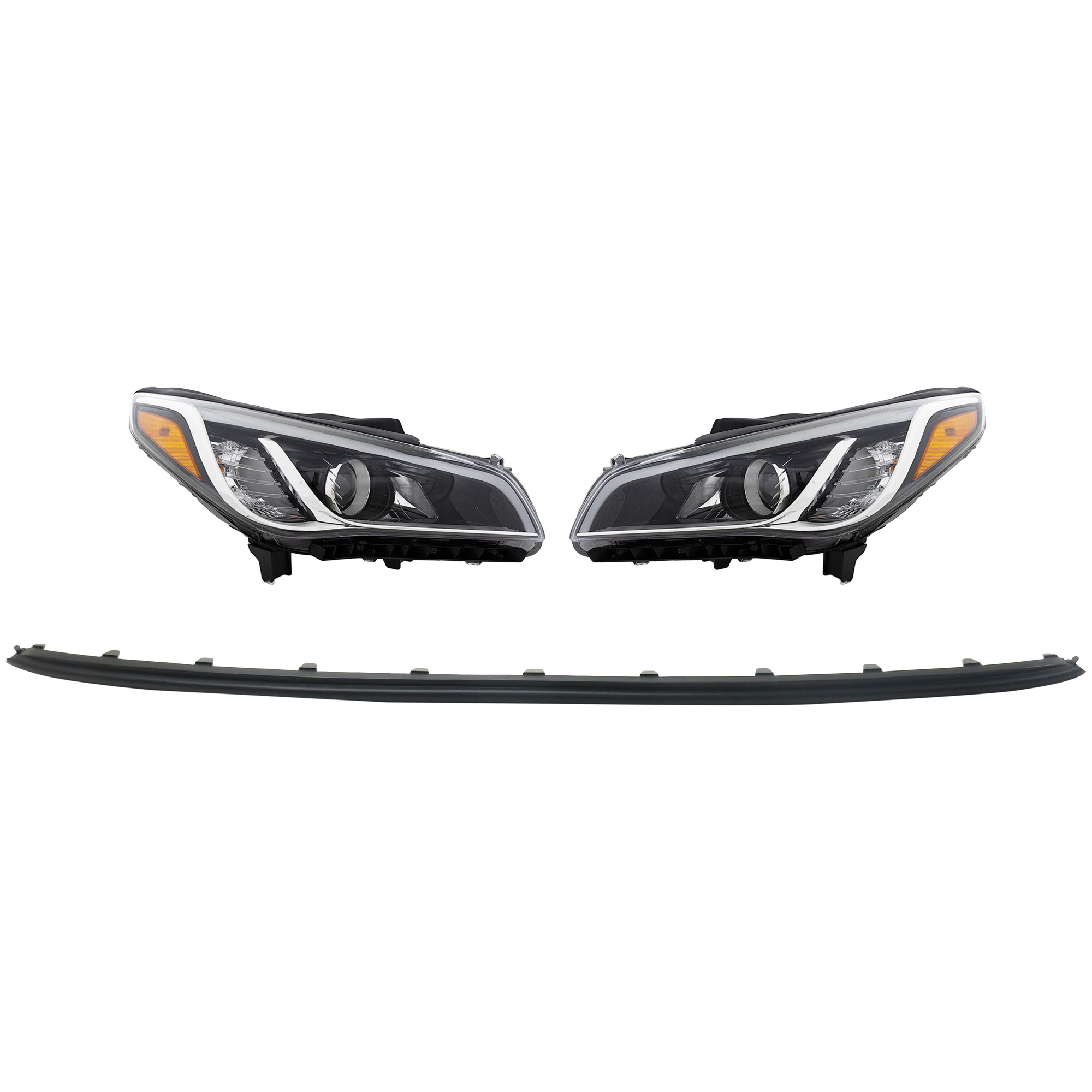 AM SONATA 15-17 HEAD LAMP RH AND LH Assembly Halogen w o Daytime Running Light Exc. Hybrid Model 3 pc Kit with Bumper Trim SKU KIT 090623-55 Partslink HY2502183 HY2503183 HY1044107 OEM 92101C2000-92102C2000-86590C23