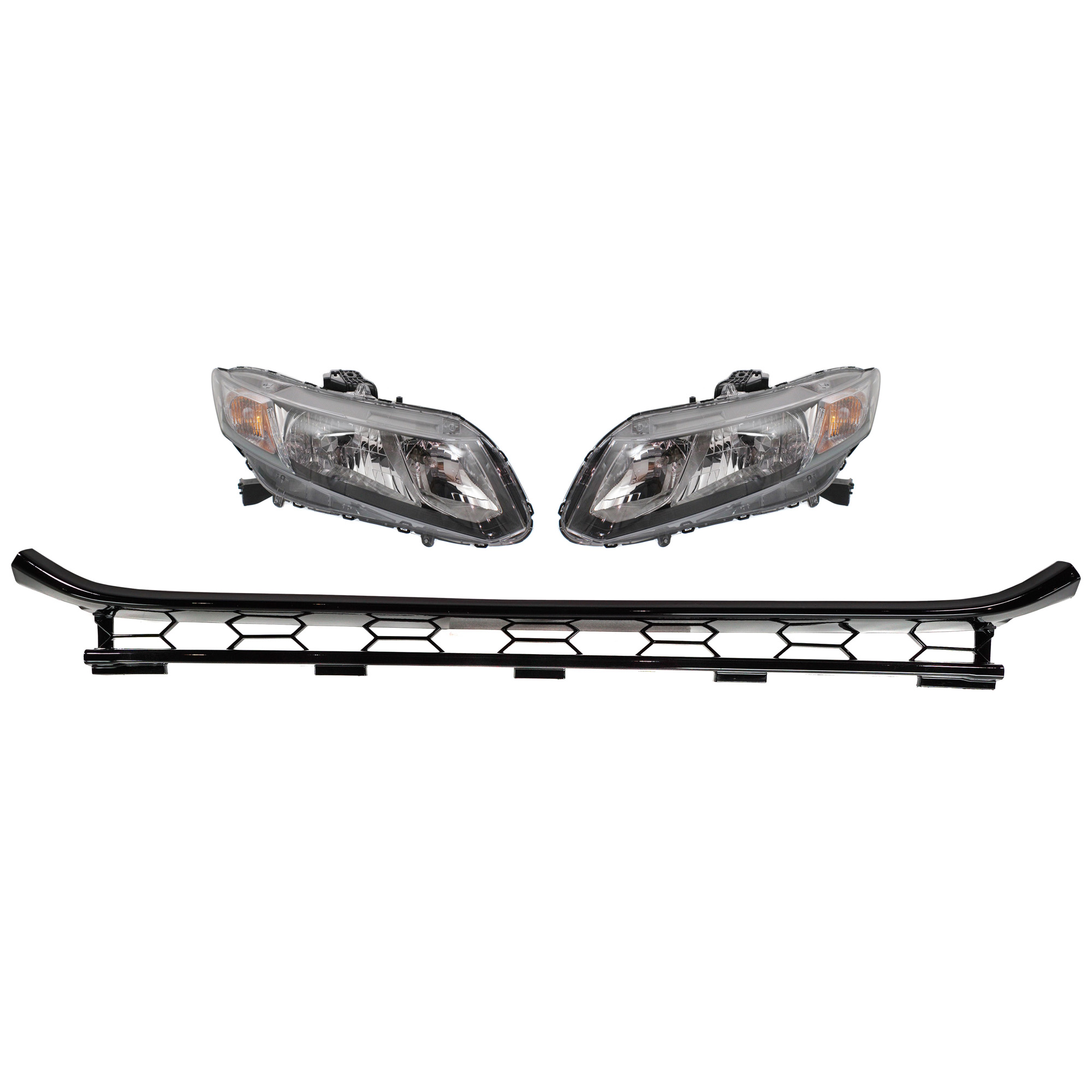 AM CIVIC 13-15 FRONT BUMPER MOLDING RH AND LH 4 pc kit Black with Headlight SKU KIT 090623-58 Partslink HO1044108 HO2503150 HO2502150 OEM 71108TR7A51-33100TR0A51-33150T