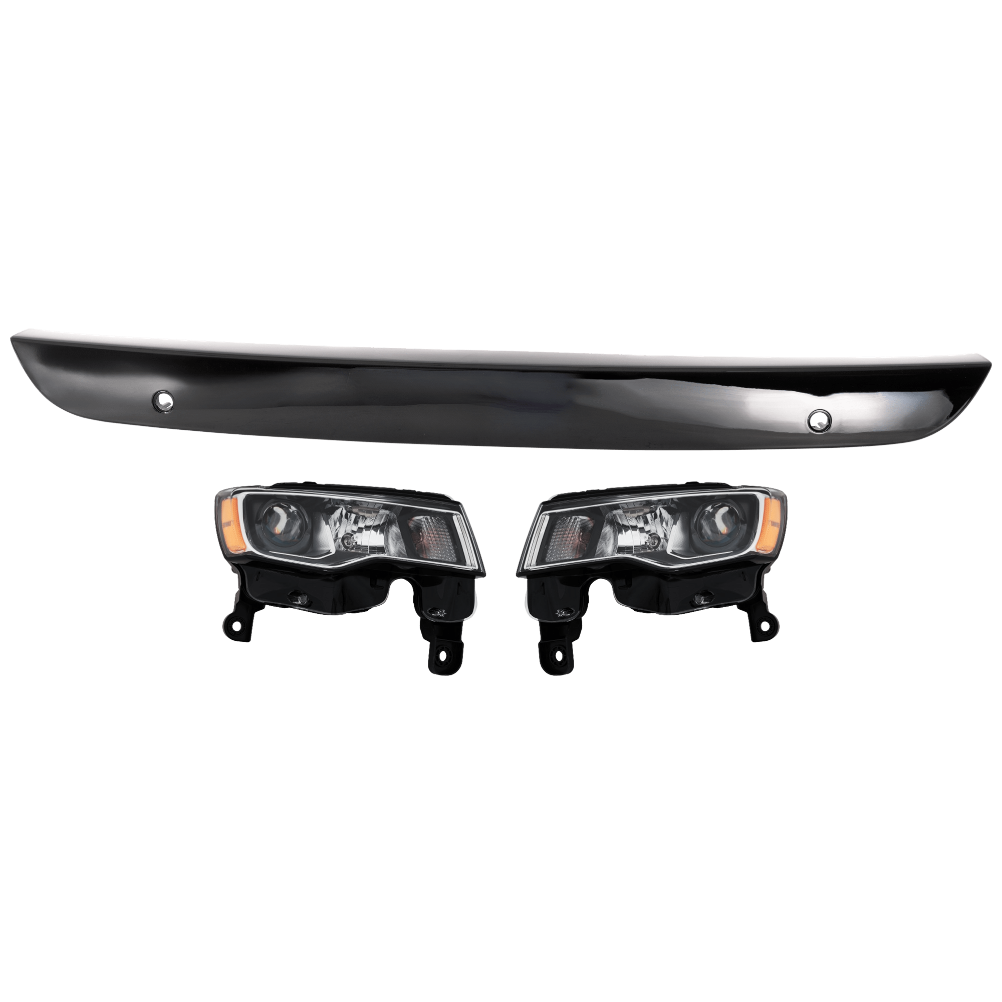 AM GRAND CHEROKEE 17-21 HEAD LAMP RH AND LH Assembly Halogen 3 pc Kit with Bumper Trim SKU KIT 090623-59 Partslink CH2502297 CH2503297 CH1044157 OEM 68289234AE 68289235AE 6JW97DX8