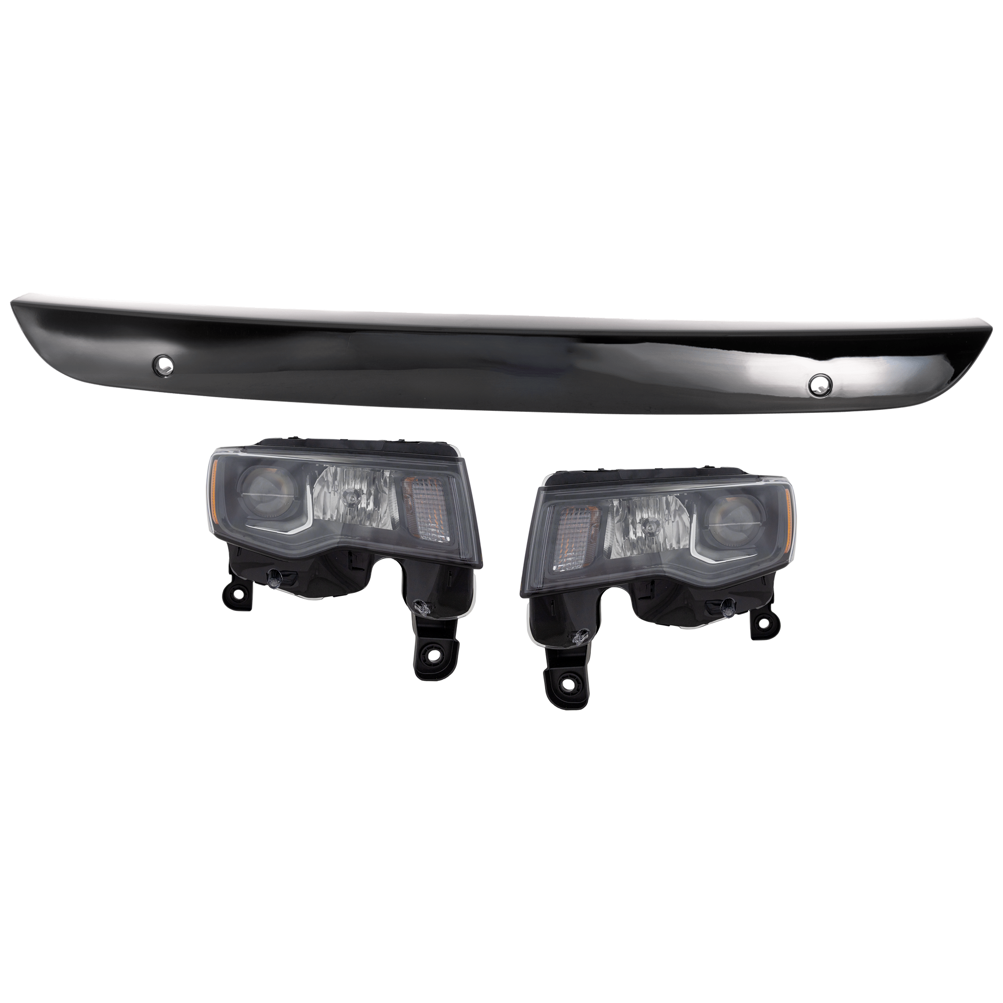 AM GRAND CHEROKEE 17-21 HEAD LAMP RH AND LH Assembly Halogen 3 pc Kit with Bumper Trim SKU KIT 090623-60 Partslink CH2502309 CH2503309 CH1044157 OEM 68266646AE 68266647AE 6JW97DX8