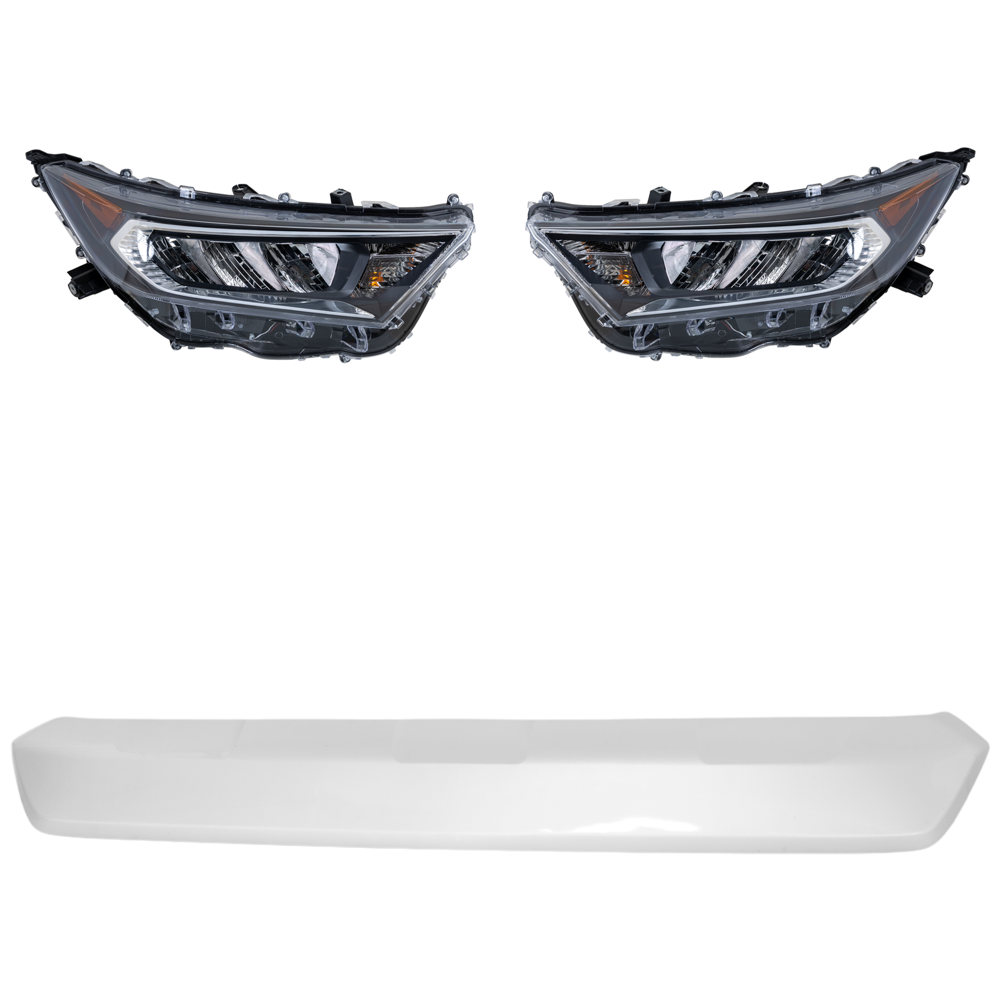 AM RAV4-19-21 HEAD LAMP RH AND LH Assembly LED 3 pc Kit with Bumper Trim SKU KIT 090623-61 Partslink TO2502275 TO2503275 TO1095216 OEM 811100R140-811500R140-527110R0