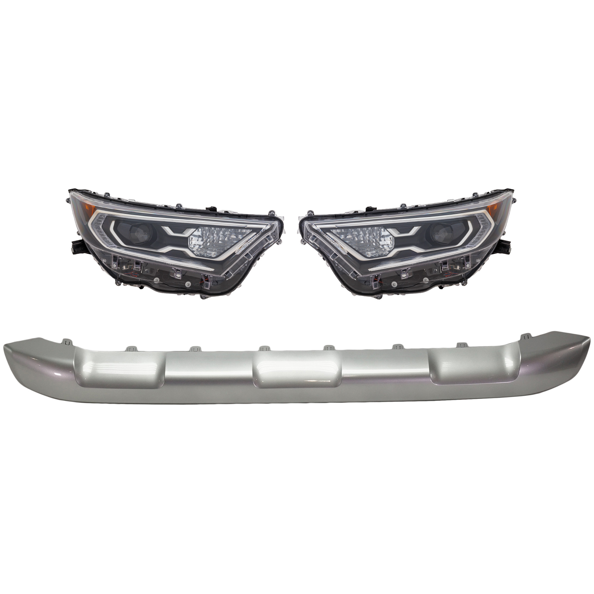 AM RAV4-19-21 HEAD LAMP RH AND LH Lens and Housing Halogen 4 pc Kit with Bumper Trim SKU KIT 090623-63 Partslink TO2518202 TO2519202 TO1095212 OEM 8113042A02-8117042A02-527110R0