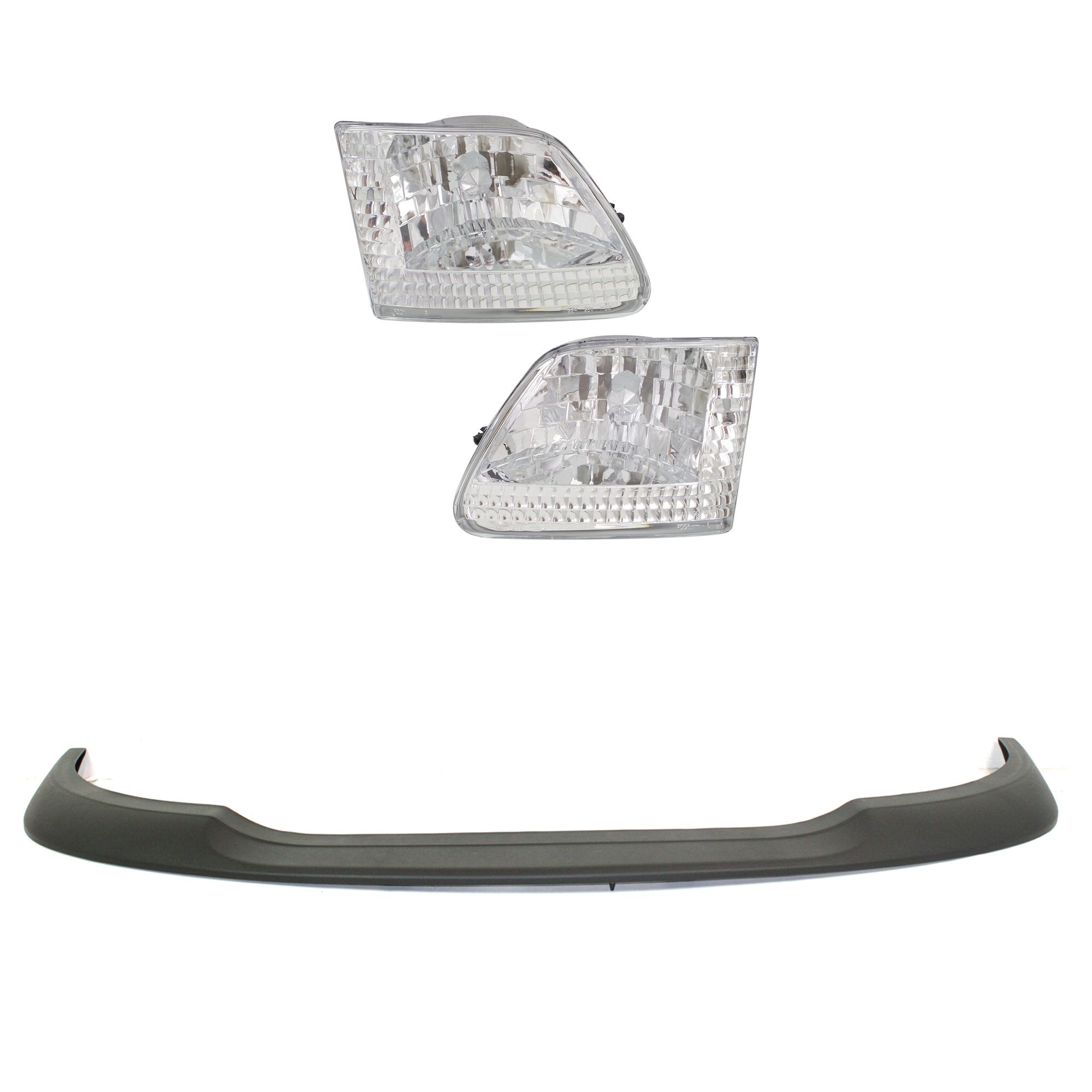AM F 150-99-03 F 150 HERITAGE 04-04 HEAD LAMP RH AND LH Lens and Housing Halogen w Day Time Running Light Black Bezel 4 pc Kit with Bumper Trim SKU KIT 090623-67 Partslink FO1057288 OEM 3L3Z13008DA PFM 3L3Z13008CA PF