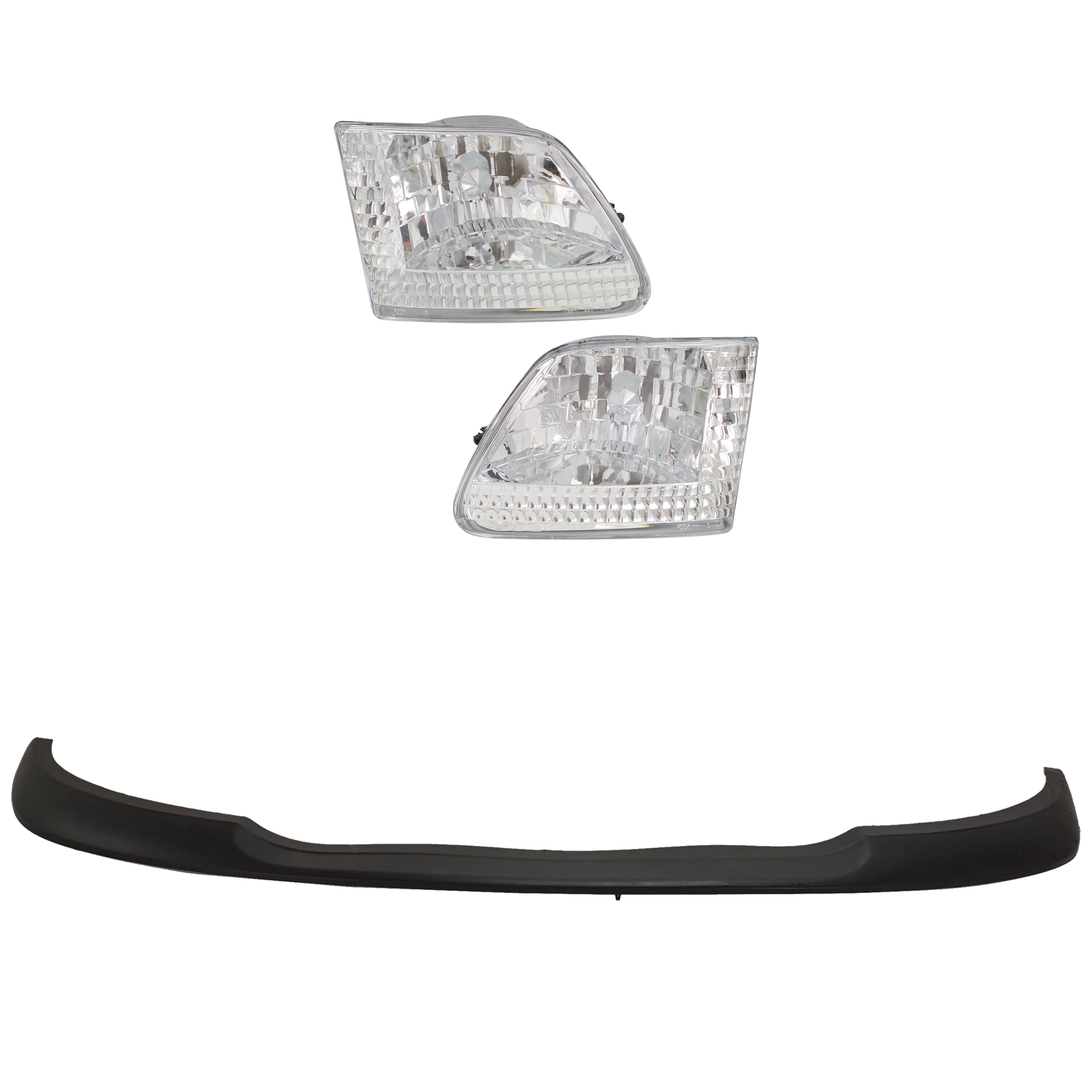 AM F 150-99-03 F 150 HERITAGE 04-04 HEAD LAMP RH AND LH Lens and Housing Halogen w Day Time Running Light Black Bezel 4 pc Kit with Bumper Trim SKU KIT 090623-68 Partslink FO1057282 OEM 3L3Z13008DA PFM 3L3Z13008CA PF