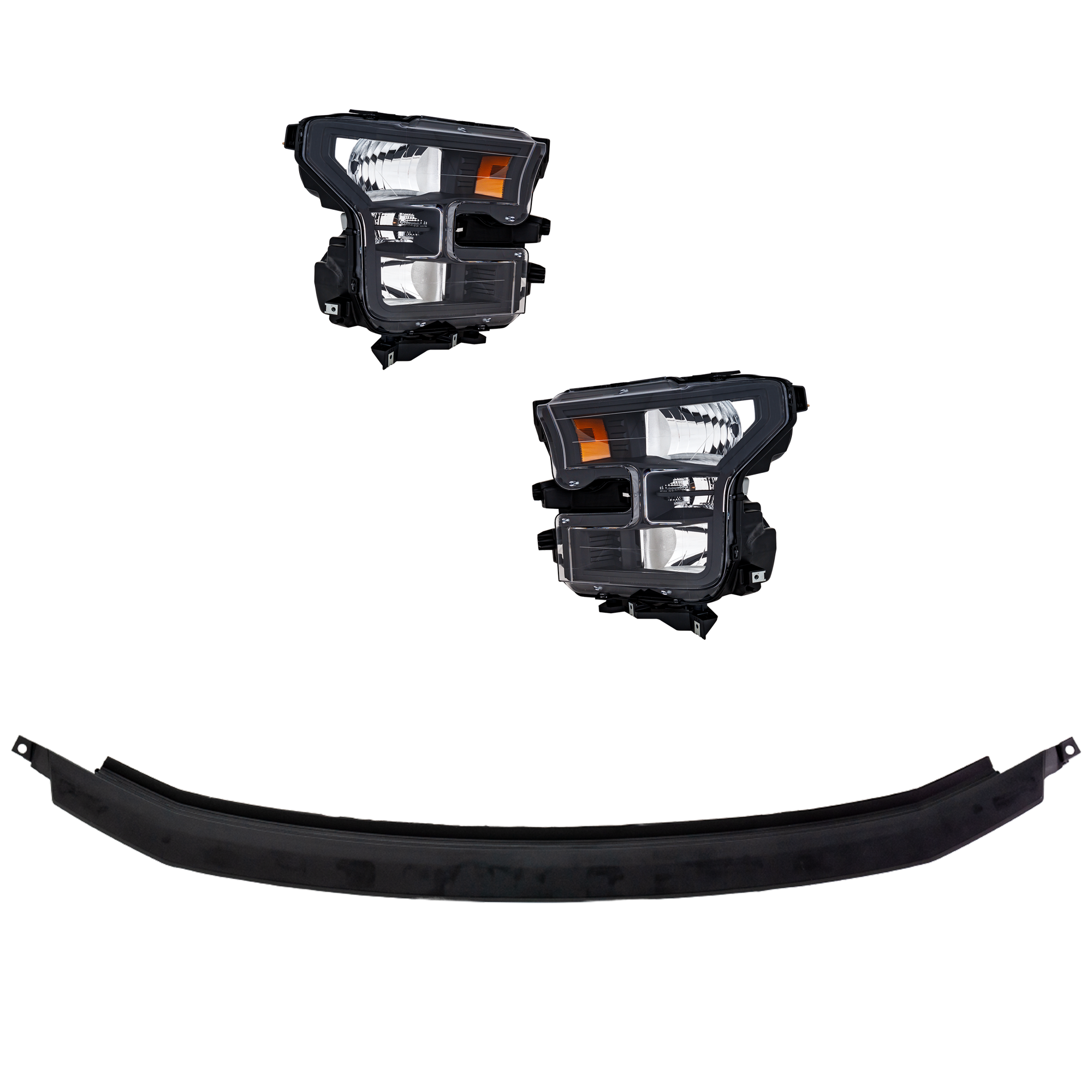 AM F 150-15-17 HEAD LAMP RH AND LH Lens and Housing Halogen w Day Time Running Light Black Bezel 4 pc Kit with Bumper Trim SKU KIT 090623-69 Partslink FO1019102 OEM FL3Z13008A PFM FL3Z13008B PFM