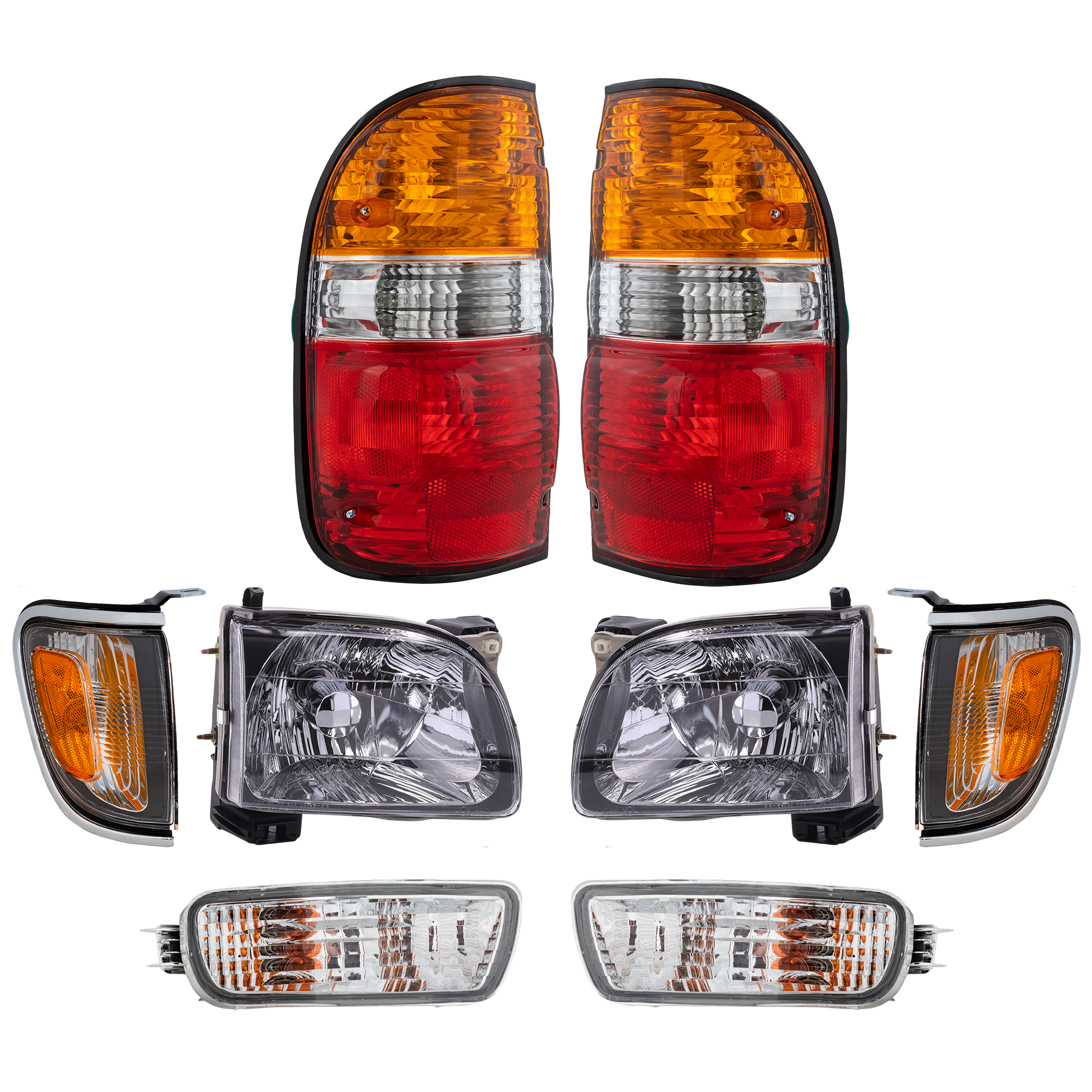AM TACOMA 01-04 TAIL LAMP RH AND LH 8 pc Kit with Headlight Corner Light and Turn Signal Light SKU KIT 090717-55 Partslink TO2800139 TO2801139 TO2520161 TO2521161 TO2502136 TO2503136 TO2530140 TO2531140 OEM 8155004060-8156004060-81620040