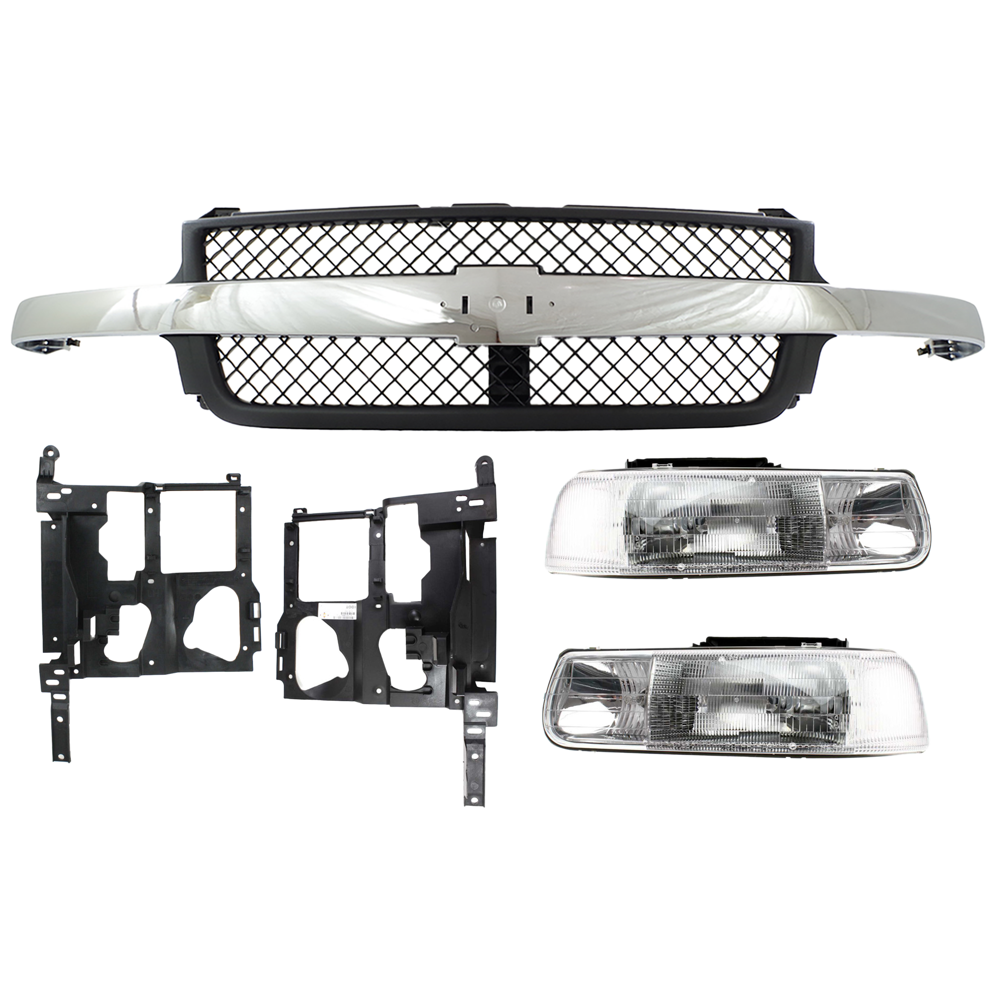 AM SILVERADO 2500 HD SILVERADO 3500-01-02 GRILLE 5 pc Kit with Headlight Brackets and Headlights SKU KIT 090717-60 Partslink GM1200523 GM2502187 GM2503187 GM1221121 GM1221122 OEM 15088290-16526133-16526134-157