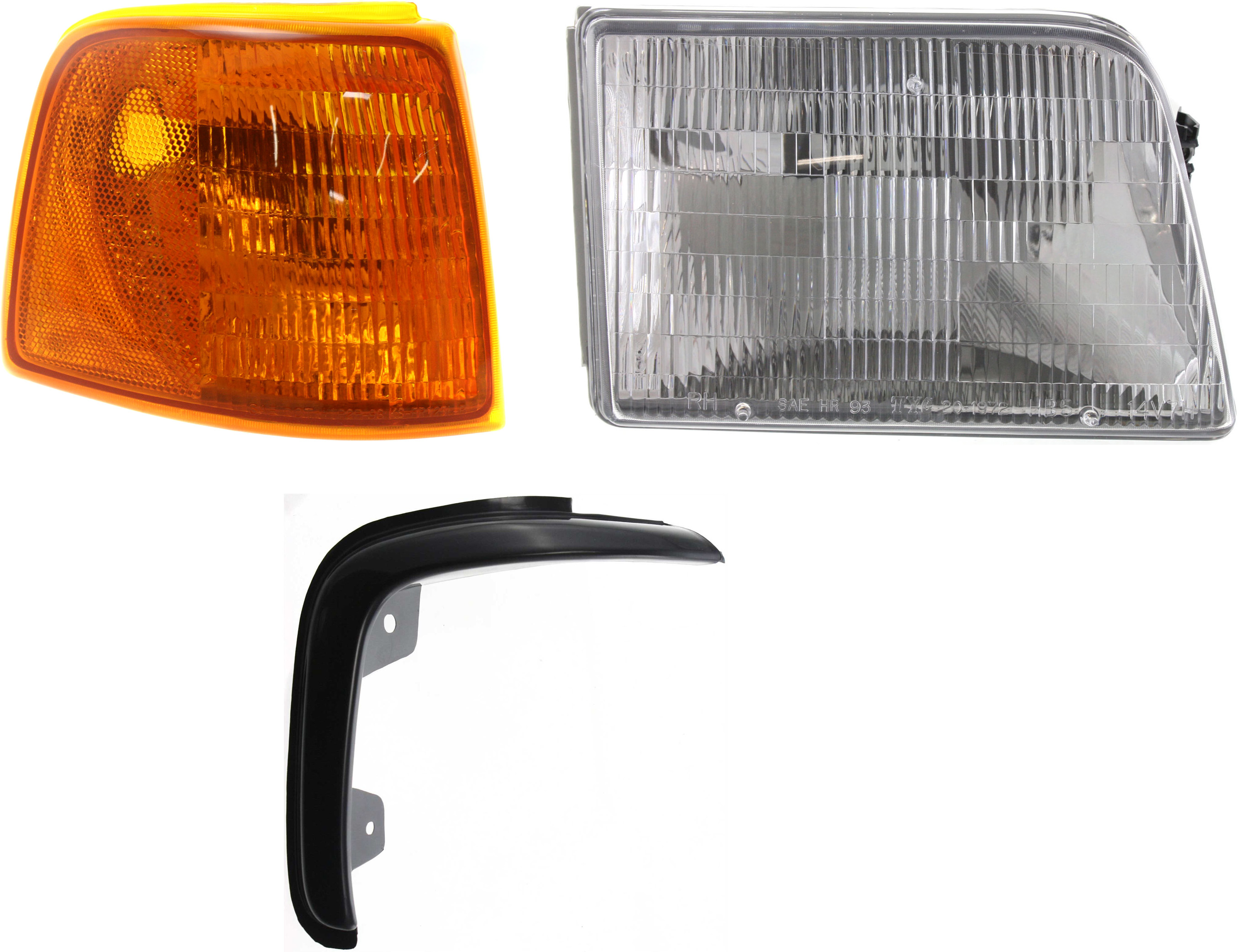 AM RANGER 95-97 HEAD LAMP RH Assembly Halogen 3 pc Kit with Corner Light and Grille Assembly SKU KIT 090717-83 Partslink FO2503115 FO2521116 FO1213109 OEM F37Z13008A F37Z13200B F57Z1616