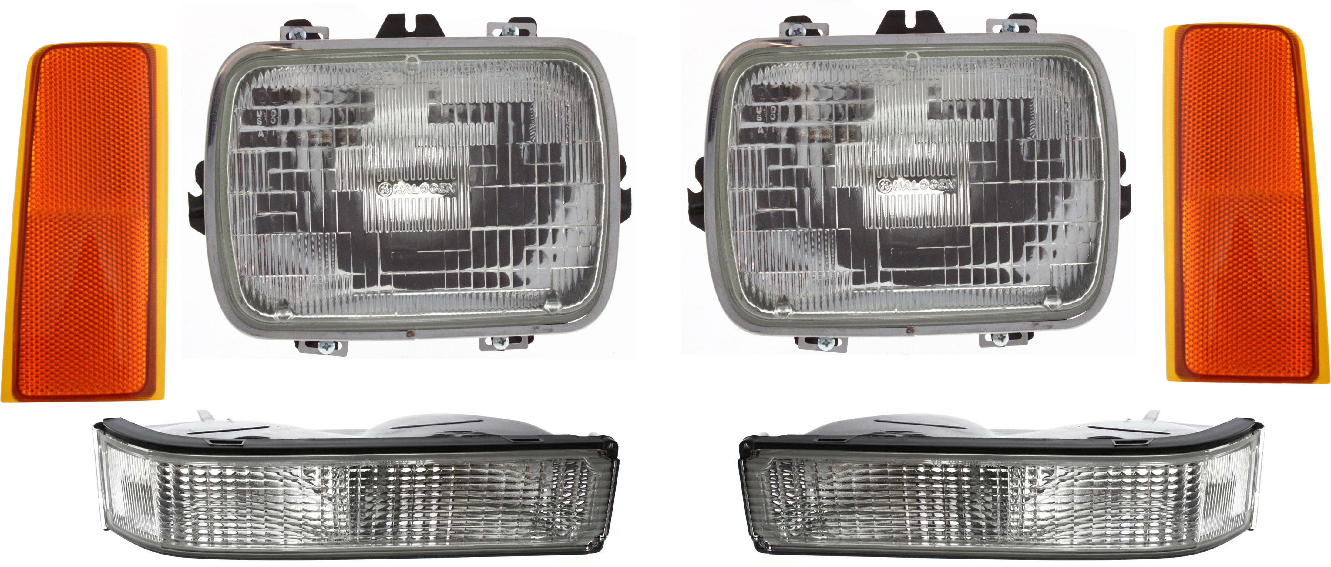 AM C K FULL SIZE P U 88-00 HEAD LAMP RH AND LH 6 pc Kit Assembly Halogen Sealed Beam Capsule Style 7 x 6 in. with Reflector and Turn Signal Light SKU KIT 090717-87 Partslink GM2500112 GM2556101 GM2557101 GM2520104 GM2521104 OEM 25949657-5974341-5974342-59743
