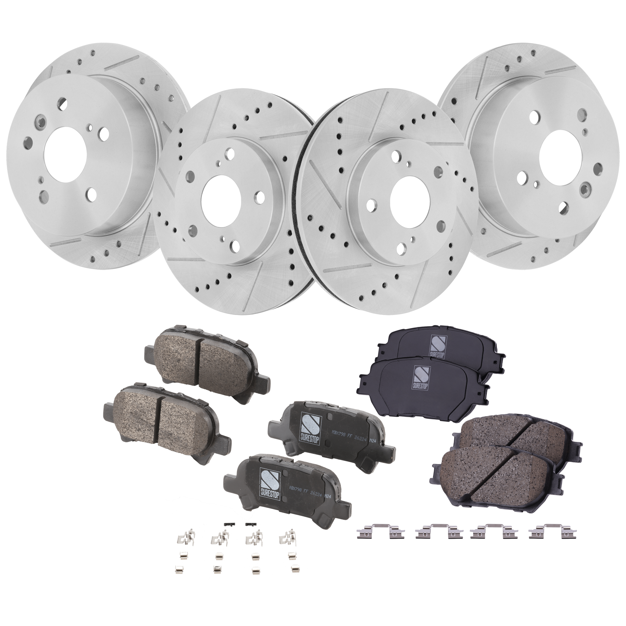 AM CAMRY 05-06 FRONT AND REAR BRAKE DISC AND PAD KIT 8 pc kit Cross drilled and Slotted USA Built Vehicle SKU KIT 090722-01 OEM 368-19784-19949-25358-3105