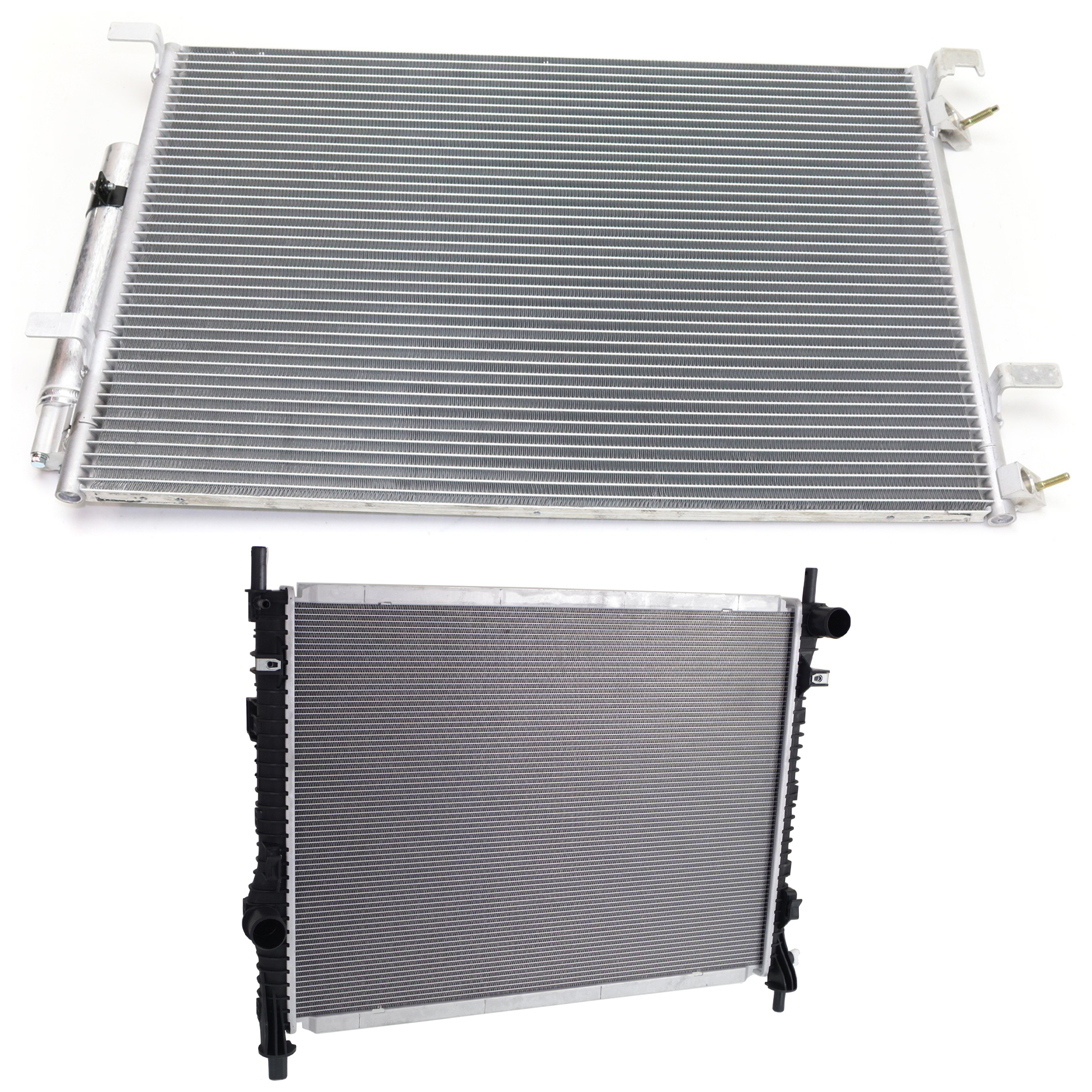 AM MUSTANG 15-22 RADIATOR 2 pc kit 6-8 Cyl 3.7L 5.0L Engine with A C Condenser SKU KIT 090723-12 Partslink FO3010331 FO3030247 OEM FR3Z8005G KR3Z19712A FR3Z19712