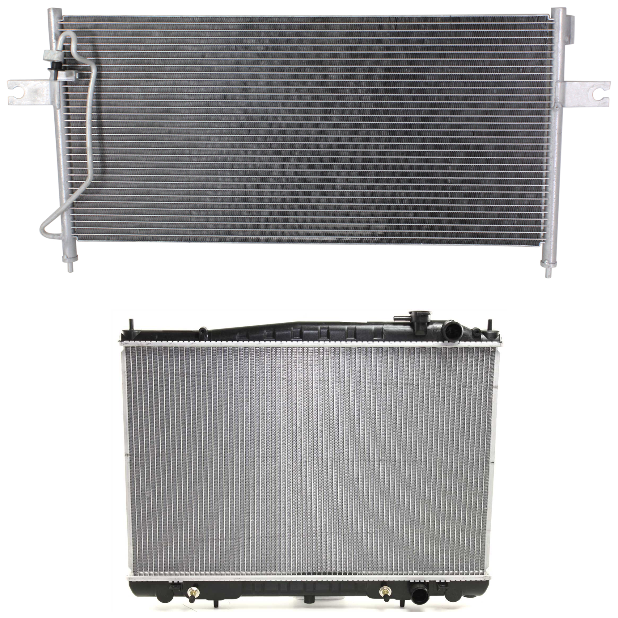 AM FRONTIER 98-02 XTERRA 00-02 RADIATOR 2 pc kit 4-6 Cyl 2.4-3.3L Eng. with A C Condenser SKU KIT 090823-12 Partslink NI3010108 NI3030148 OEM 214609Z000-921107Z800